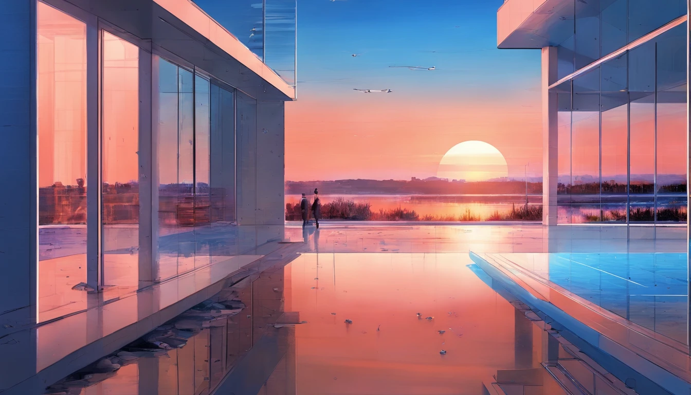 horizon ,peach flower rain, fire painting,transparent blue lake，city,extra-wide vision,best quality,official art,