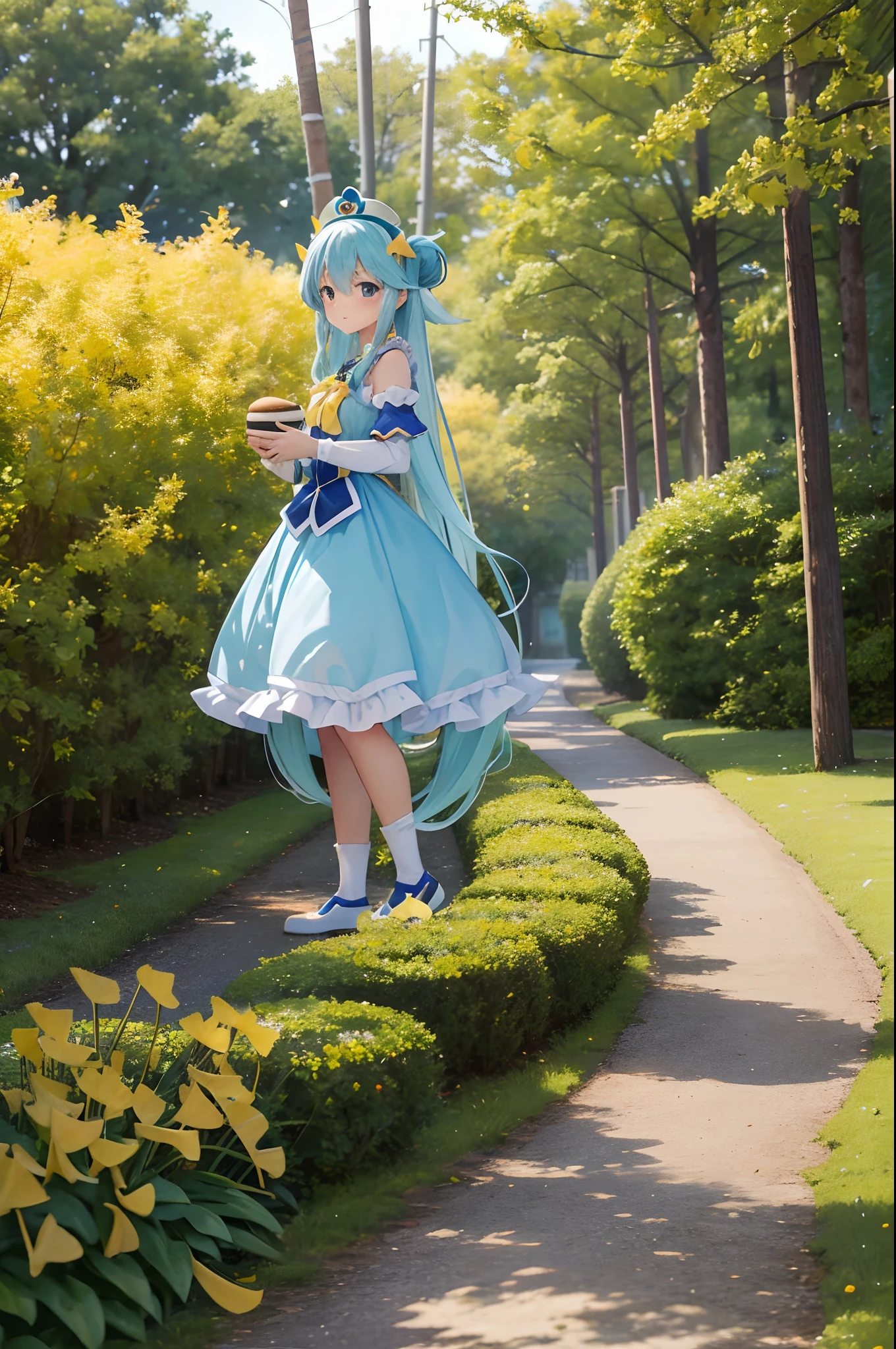 masterpiece, top-quality, Princess_aqua_Konosuba, Yellow and brown dresses, Black eyes, A charming smile、Light blue long hair、 Twin-tailed、standingn, (borgar: 1.1), clouds, A path lined with yellow ginkgo trees、Near and far law、