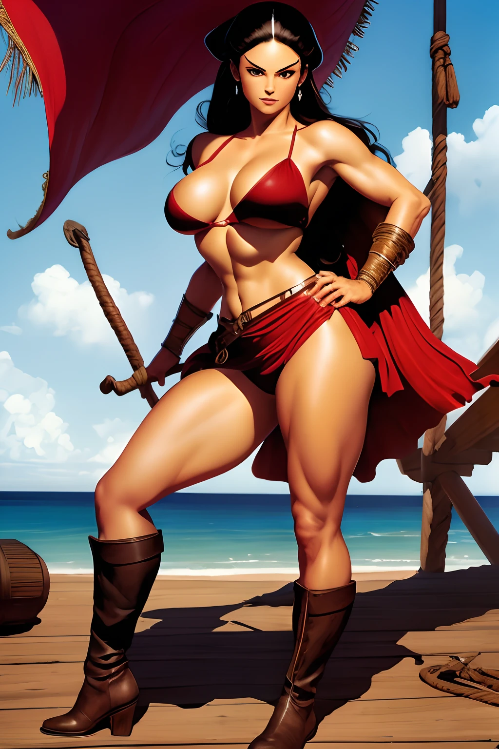 (SFW)Um desenho de uma mulher pirata, corpo inteiro, corpo delgado, Cabelos Longos dourados, muito bonita, audacious temperament and appearance, wearing buccaneer pants and boots,segurando uma adaga pingando sangue, on the deck of a pirate ship, Frank Frazetta, Illustration by Valerie of the Red Brotherhood, frank frazetta manga style, Valerie , para pirata, Boris Vallejo, Katie, Frank Frazetta, Frazetta e Vallejo, The Art of Valerie, a pirata da irmandade vermelha, inspirado em Boris Vallejo