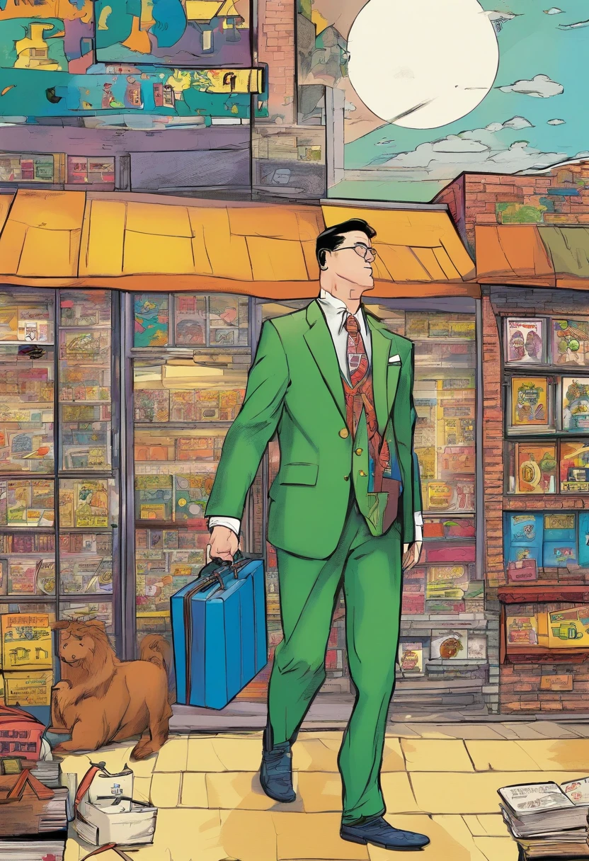 American comics, The comic story is presented in multiple irregular colored panels. Crayon Shin wears a suit and holds a briefcase and happily returns home from work
