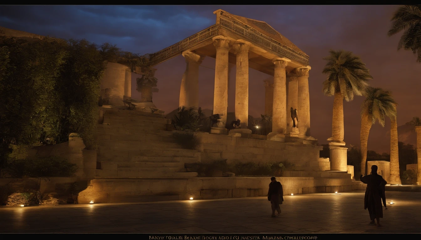 a strong greek statue of a man, com barba, Feliz, Philosopher style, Low-light, ambiente escuro, em uma colina com uma cidade grega no vale inferior, 8k, Realistic, circunstanciado, master part:1.2, ultra-detalhado, Retratos, vivid colors, HDR, escultura fina, ancient civilisation, Noite