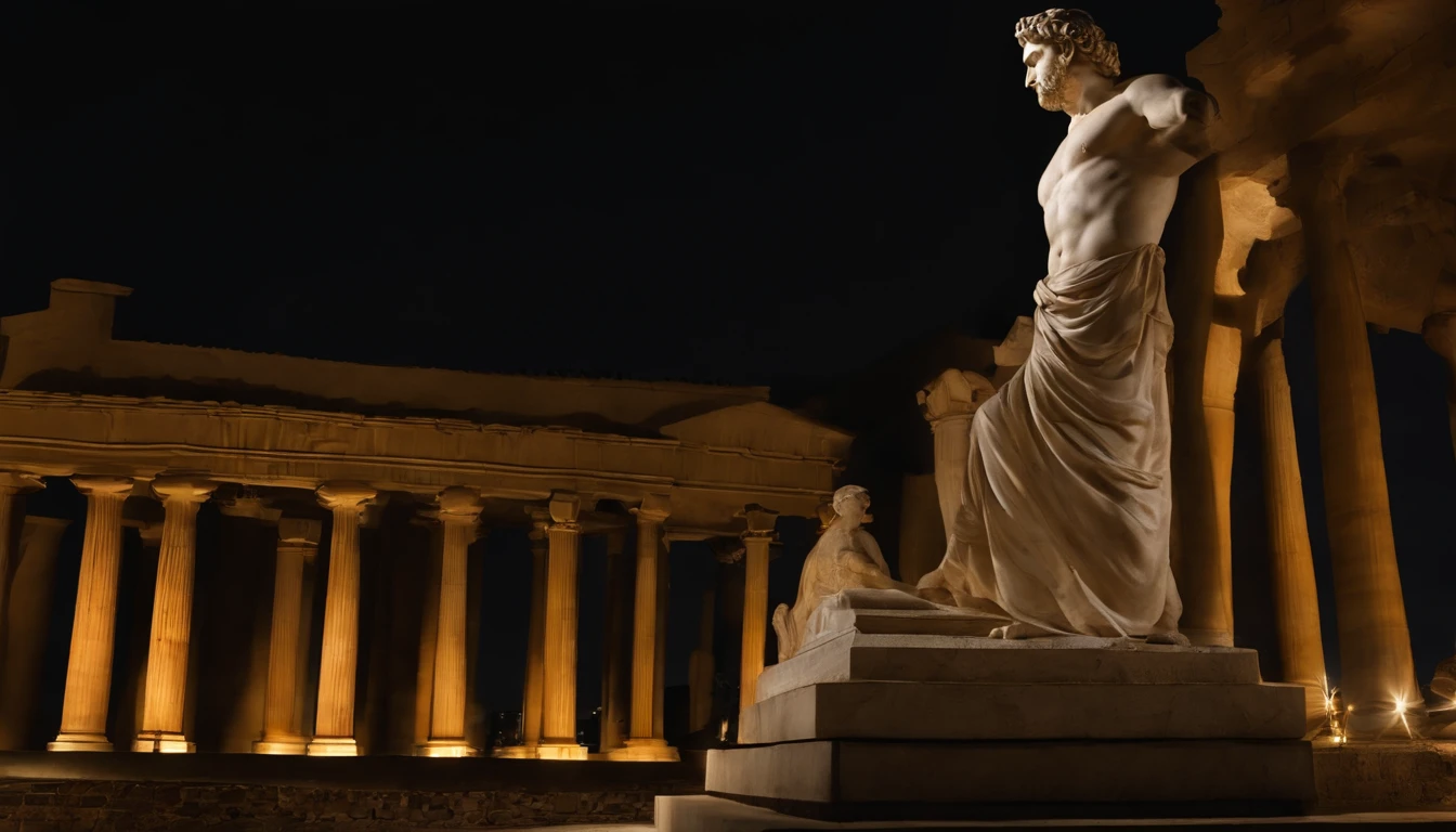 a strong greek statue of a man, com barba, Feliz, Philosopher style, Low-light, ambiente escuro, em uma colina com uma cidade grega no vale inferior, 8k, Realistic, circunstanciado, master part:1.2, ultra-detalhado, Retratos, vivid colors, HDR, escultura fina, ancient civilisation, Noite