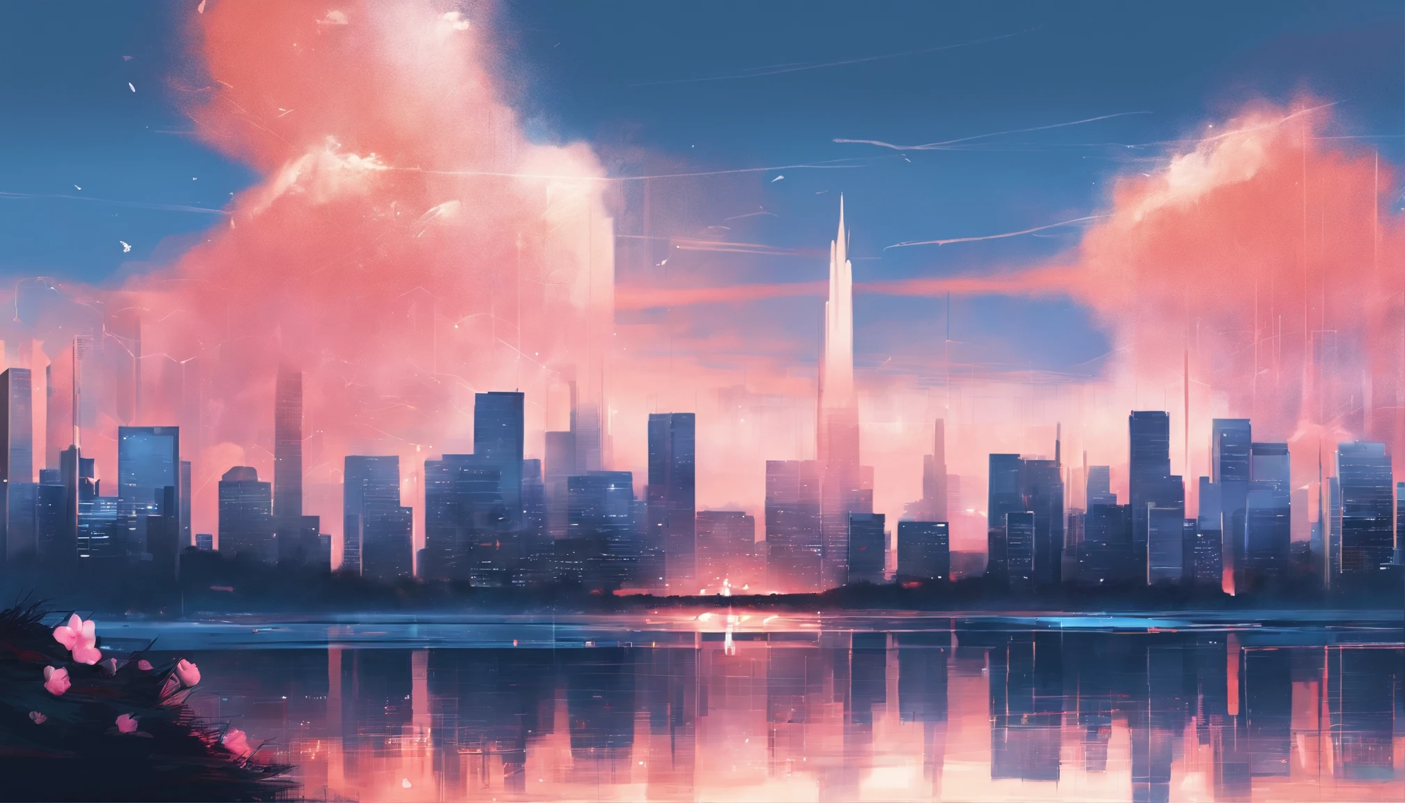 horizon ,peach flower rain, fire painting,transparent blue lake，city,extra-wide vision,best quality,official art,