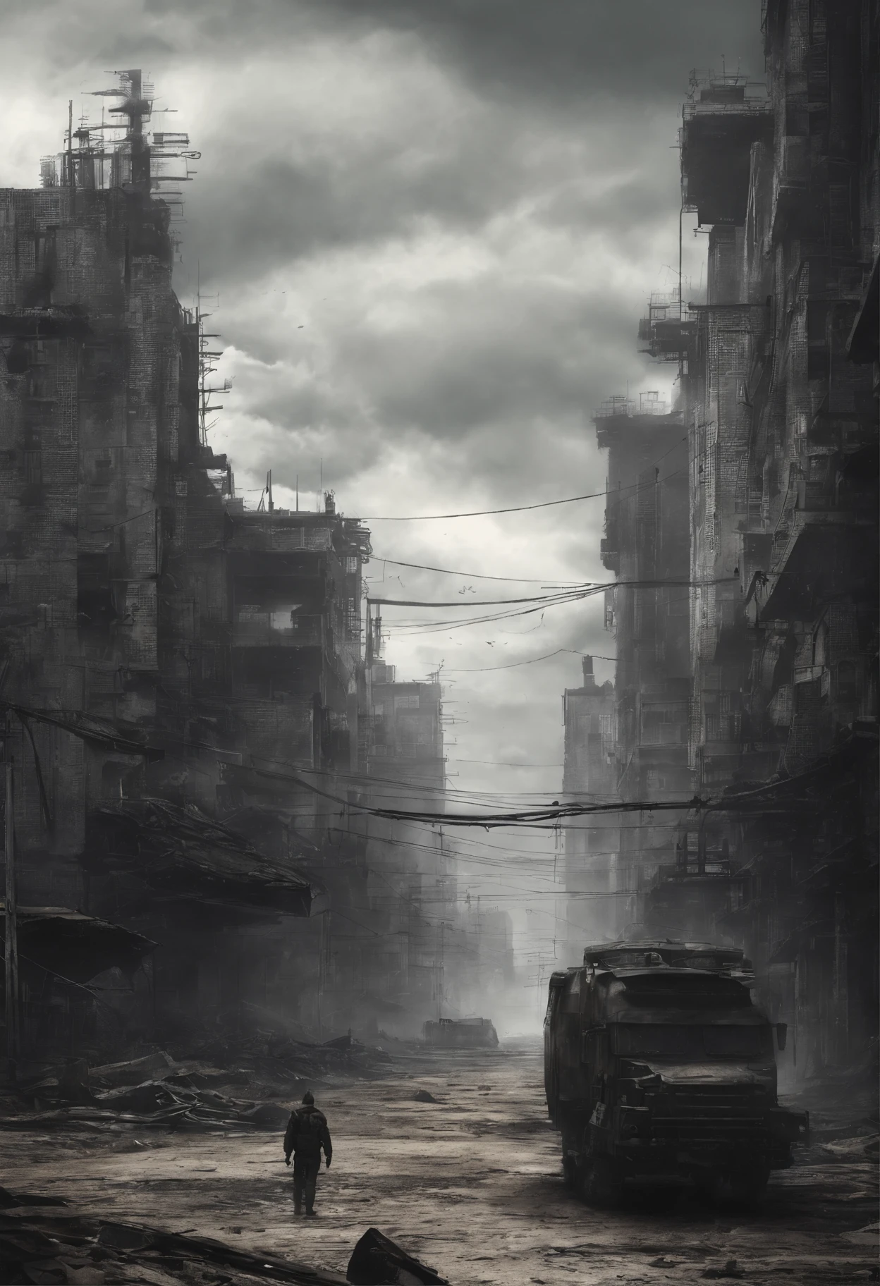 apocalyptic city，ruined buildings，postapocalyptic，Zdzislaw Beksinski，madmax: Fury Road，low key lighting，tmasterpiece，Detailed details，k hd，Tyndall effect，black andwhite，lineworks，Line，sketching，pencil drawing，