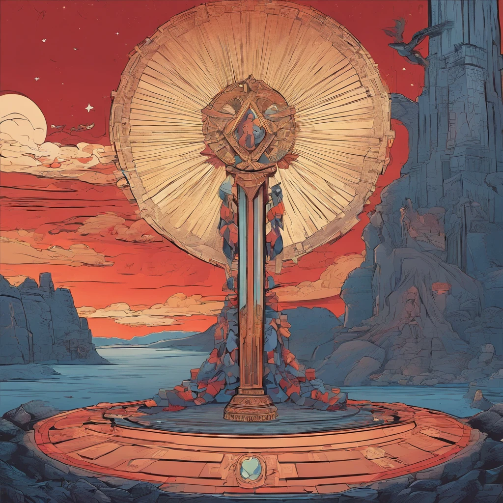 Un artefacto antiguo, enigmatic and powerful, conocido como "El Ojo de la Oscuridad", se encuentra en el centro de la imagen. Rest on an ancient stone pedestal in a gloomy and mysterious room. The artifact is carved in a darkness, Reluciente material desconocido., and its surface is adorned with sparkling gems that glow in shades of red and deep blue....