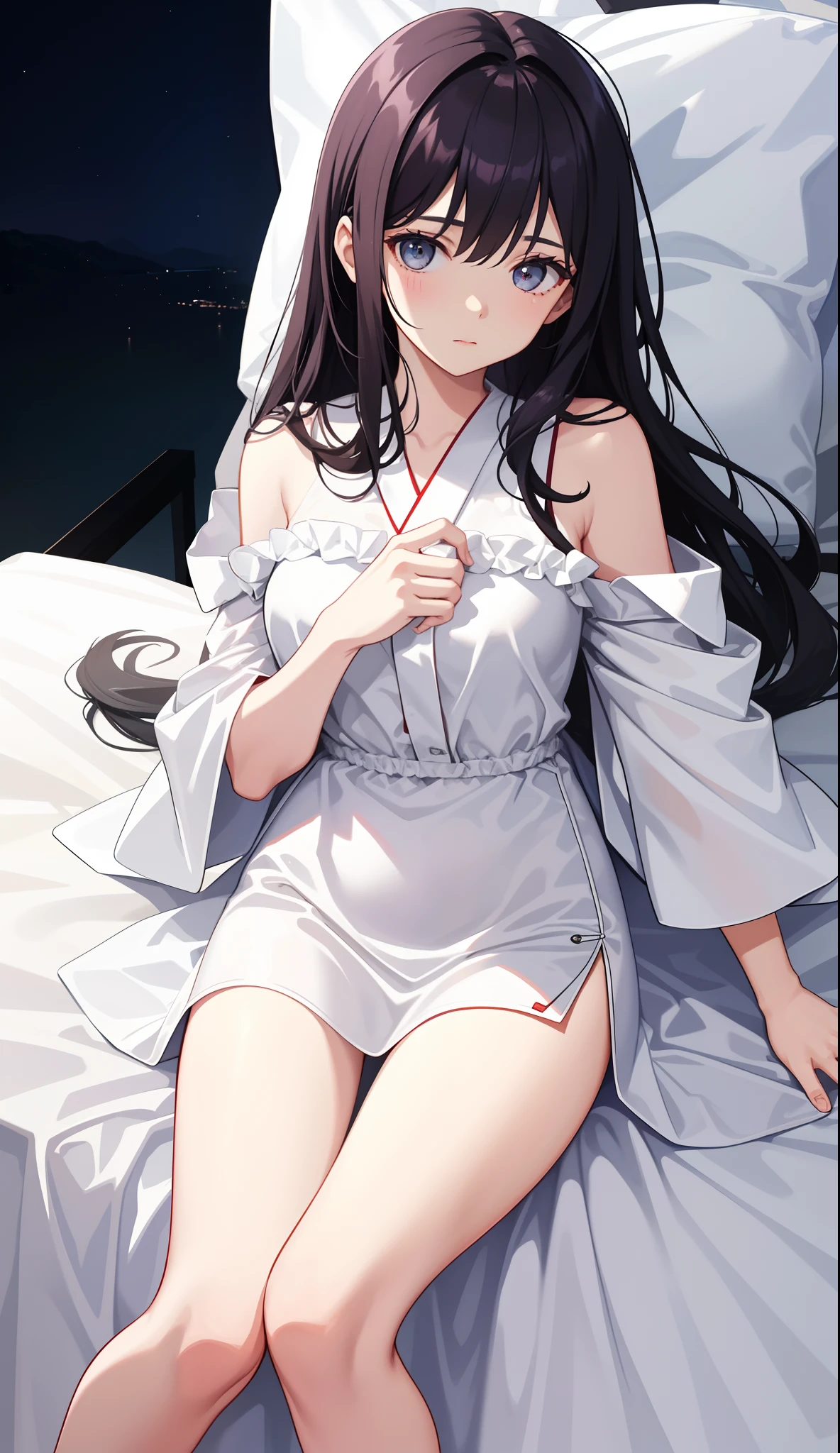 (Hi-Res), (hight resolution), (extremely delicate and beautiful), (​masterpiece), One Little Girl, Keep your mouth shut, length hair, A dark-haired, full body Esbian, looking at the viewers, White kimono, cleavage of the breast, Open legs, a bed, on the beds, red blush, The areol, (((a large amount of white liquid in the crotch))), teats, small tits, cum shots,