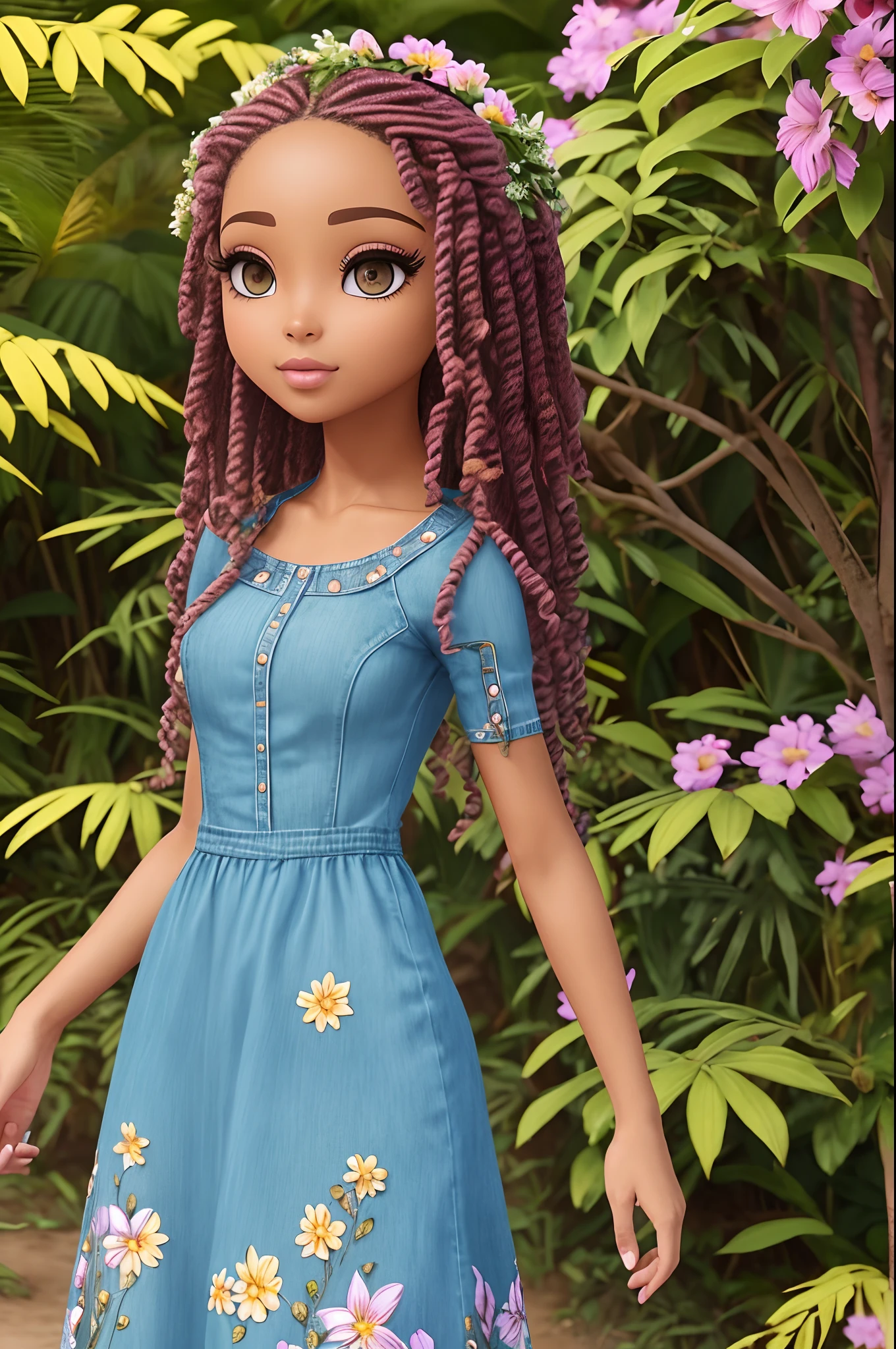 1menina africana africana pele marrom escura:5, olhos verdes cintilantes:2, pose pra foto em um campo se flores, estilo Rapunzel, Paris:5, parque, mega hair cabelos longos4, flores, imagem intrigante, cores vividas, vestido longo florido, sapatos brancos, imagem limpa, alta qualidade, nitidez, Sharp imagem, rosto de modelo, 8k, imagem profissional, iso100, lago, blue skies, moda atual, muito detalhado, altamente rosto 8k detalhado, formato de rosto perfeito, fleshy and perfect lips, nariz perfeito, olhos lindos e corretos, observador, vestido de noiva: 3,45, flores de cabelo, obra-prima, melhor qualidade, solteiro, jeans, sozinho, Advanced Digital Chibi