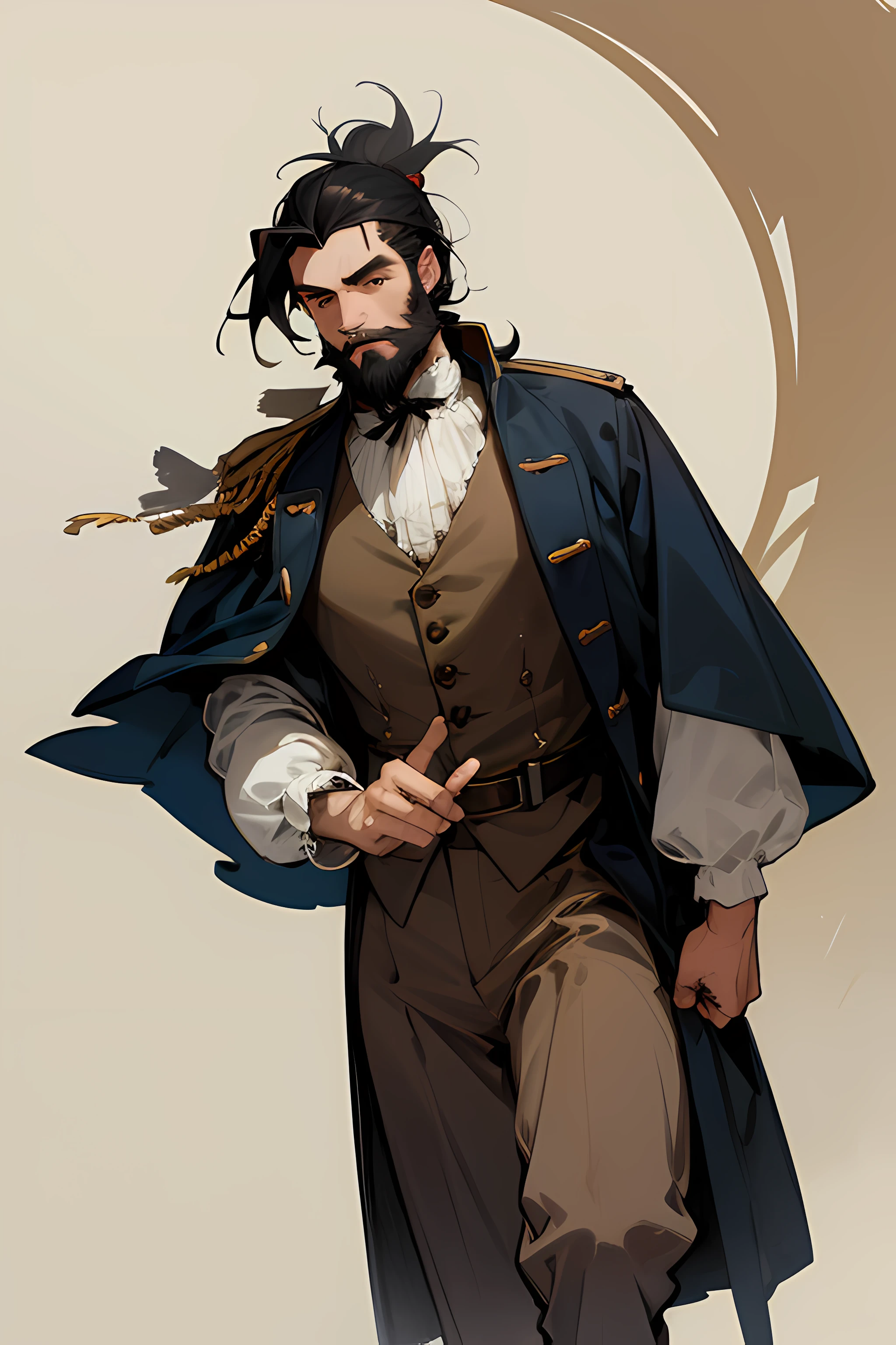 A man in 1700's soldier's clothes with black hair and a beard.