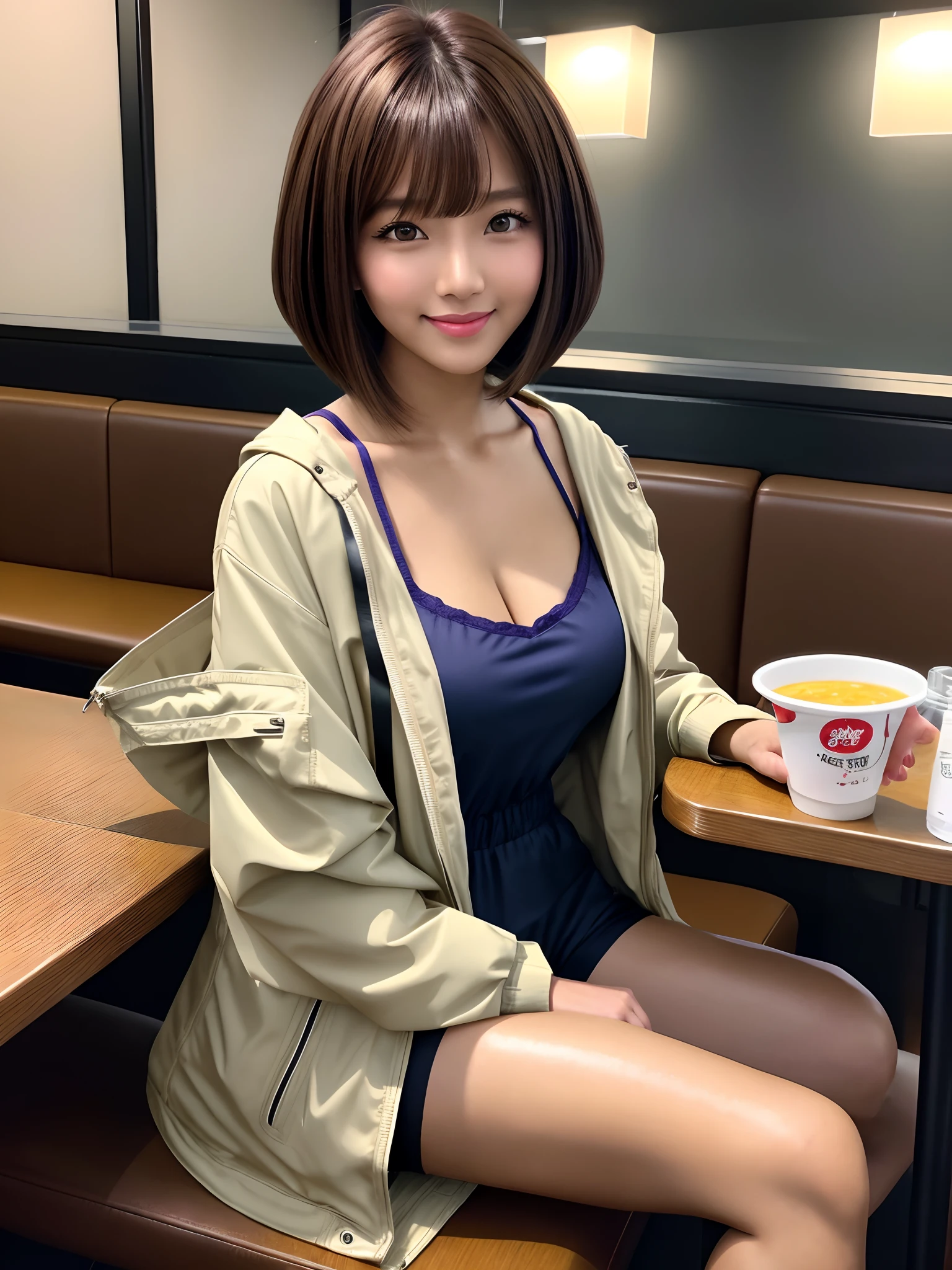 product quality, 1 girl, a cowboy shot, front view, a Japanese young pretty girl, bob hair, in the  night, sitting alone on a chair in a crowded family restaurant in front of a table, a curry rice and juice on the table, glamorous figure, wearing a parka over a satin yellow camisole, wearing short pants, a big smile, hyper cute face, glossy lips, double eyelids for both eyes, natural makeup, shiny smooth light brown bob hair, asymmetrical bangs, tanned skin, central image, high resolution, high detailing, detailed hairstyle, detailed face, cinematic lighting, octane rendering, vibrant, hyper realisitic, perfect limbs, perfect anatomy