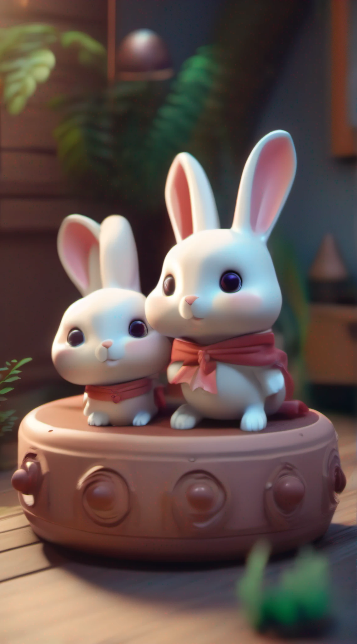 Features cute rabbits.3D art, Fine details, Rich colors, Clay texture, gentle lighting, low angle shot, OC renderer, C4D, Best quality, 8K