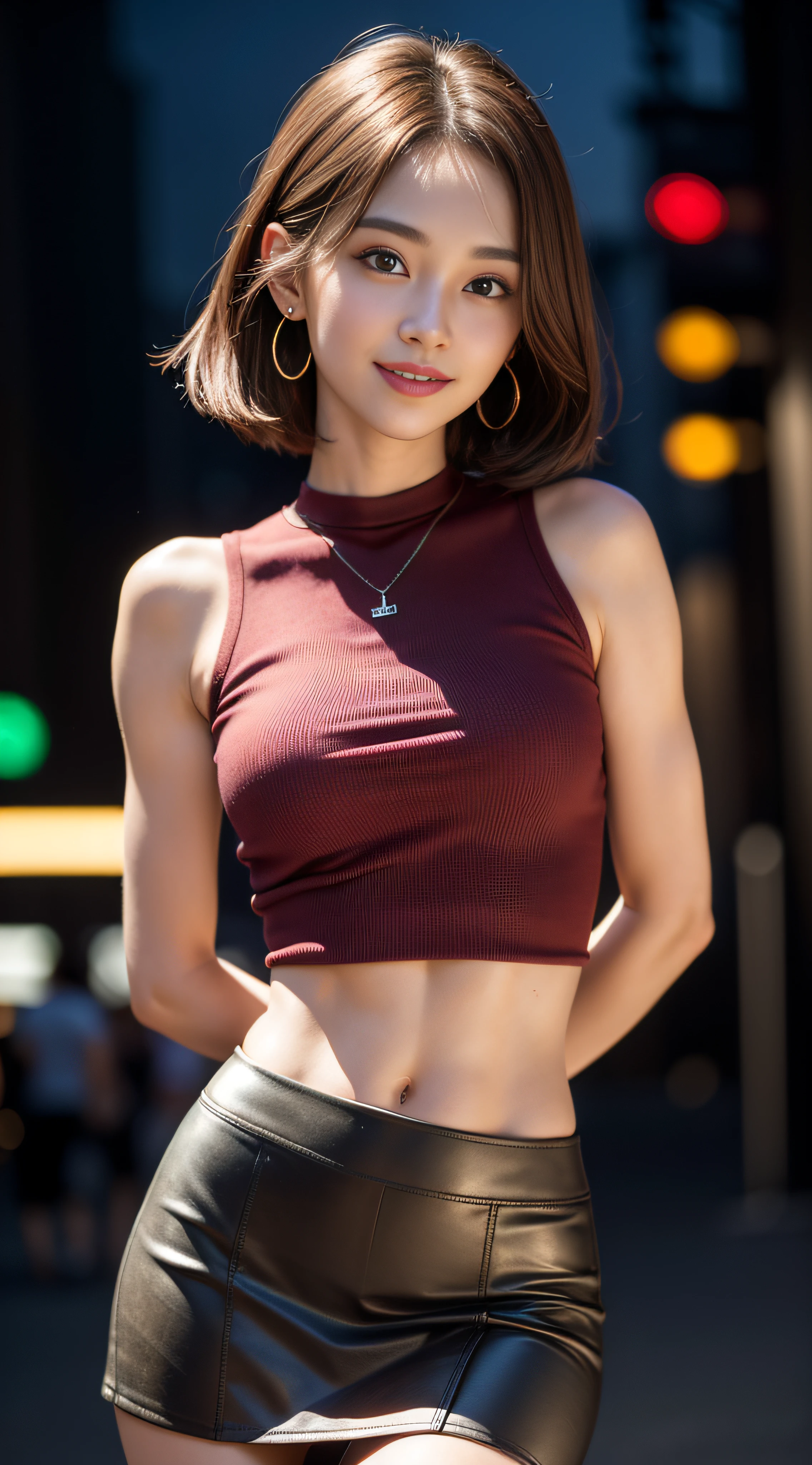 8k, masterpiece, RAW photo, best quality, photorealistic, extremely detailed CG unity 8k wallpaper, Depth of field, Cinematic Light, Lens Flare, Ray tracing, (extremely beautiful face, beautiful lips, beautiful eyes), intricate detail face, ((ultra detailed skin)) 1girl, in the dark, deep shadow, pretty korean girl, kpop idol, 1 girl, (very slim slender fit-muscled body:1.3), ((looking at viewer)),(big smile:1.3), (fashion city night, dark night, (neon sign), (blurred background), fashion street night),(without people in the background:1.3), beautiful earrings, bracelets, necklace, pantyhose, clear eyes, (pale skin), (big eyes), face forward, ((upper body shot)), (looking at viewer:1.3) very slim, medium breasts, (Ultra-realistic, gazing at viewer, micromini skirt、Very short skirt、Super mini skirt with waist length slit、Super mini skirt with waist length slit, (hight resolution), (8K), (ighly detailed), (Brown hair, short-hair), (Woman in red short sleeveless sweater and very short skirt、Show the navel), (Slim body)