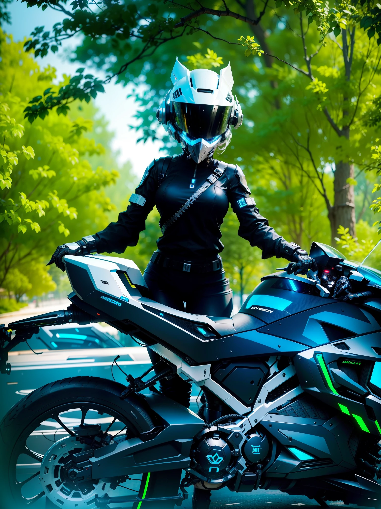 Sexy cyberpunk female knight，Black mech costume，Sophisticated white tech helmet，Nousr， Biomechanicals， MSHN Robot Woman，High-tech helmet，hyper realisitc， Steel， Complex design， insanely details， finely detailled， Extremely clear lines， cinmatic lighting， photograph realistic， A detailed masterpiece