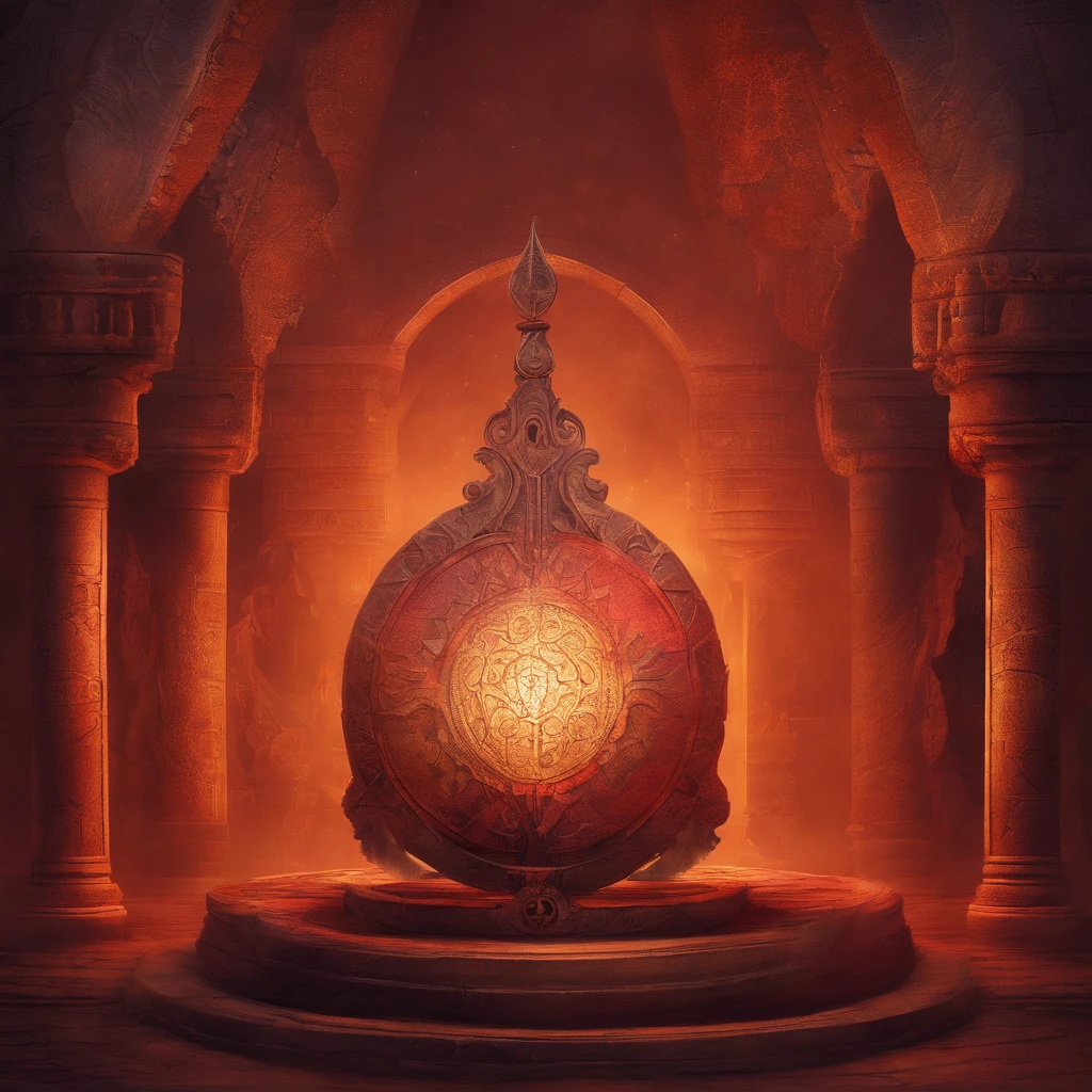 Un artefacto antiguo, enigmatic and powerful, conocido como "El Ojo de la Oscuridad", se encuentra en el centro de la imagen. Rest on an ancient stone pedestal in a gloomy and mysterious room. The artifact is carved in a darkness, Reluciente material desconocido., and its surface is adorned with sparkling gems that glow in shades of red and deep blue......