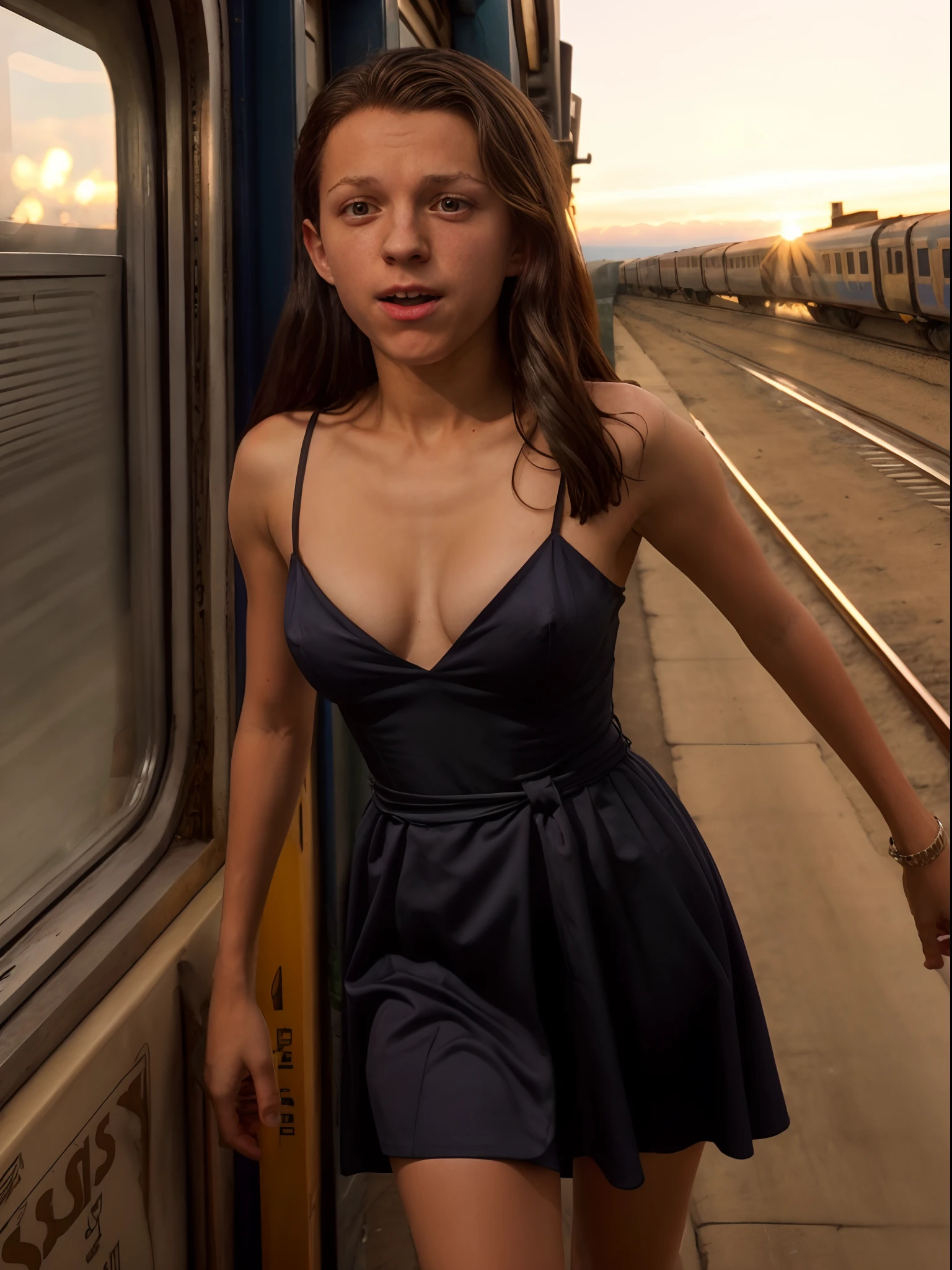 ((Tom Holland as a 14 year old pre- girl)), spaghetti strap dress, cleavage breasts, black pantyhose to the waist, high heels, breasts to face shot, very fair skin, long hair, box car busy train, sunset, photorealistic, indirect lighting, volumetric light, ray tracing, hyperdetailed