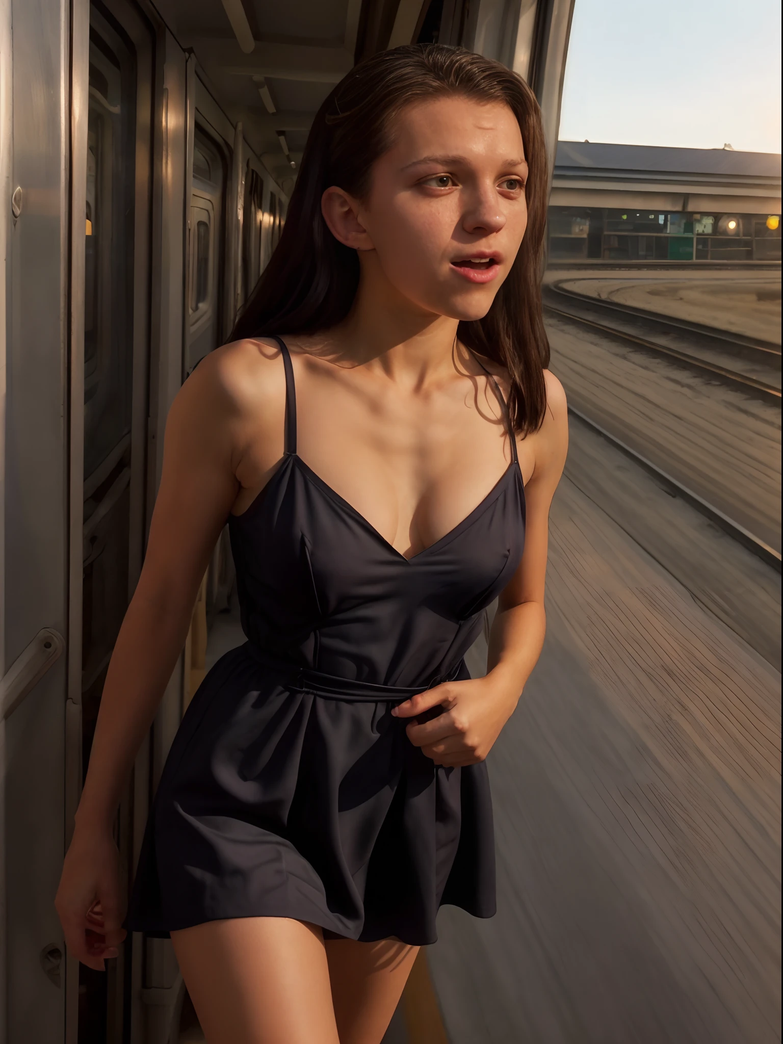 ((Tom Holland as a 14 year old pre-teen girl)), spaghetti strap dress, cleavage breasts, black pantyhose to the waist, high heels, breasts to face shot, very fair skin, long hair, box car busy train, sunset, photorealistic, indirect lighting, volumetric light, ray tracing, hyperdetailed