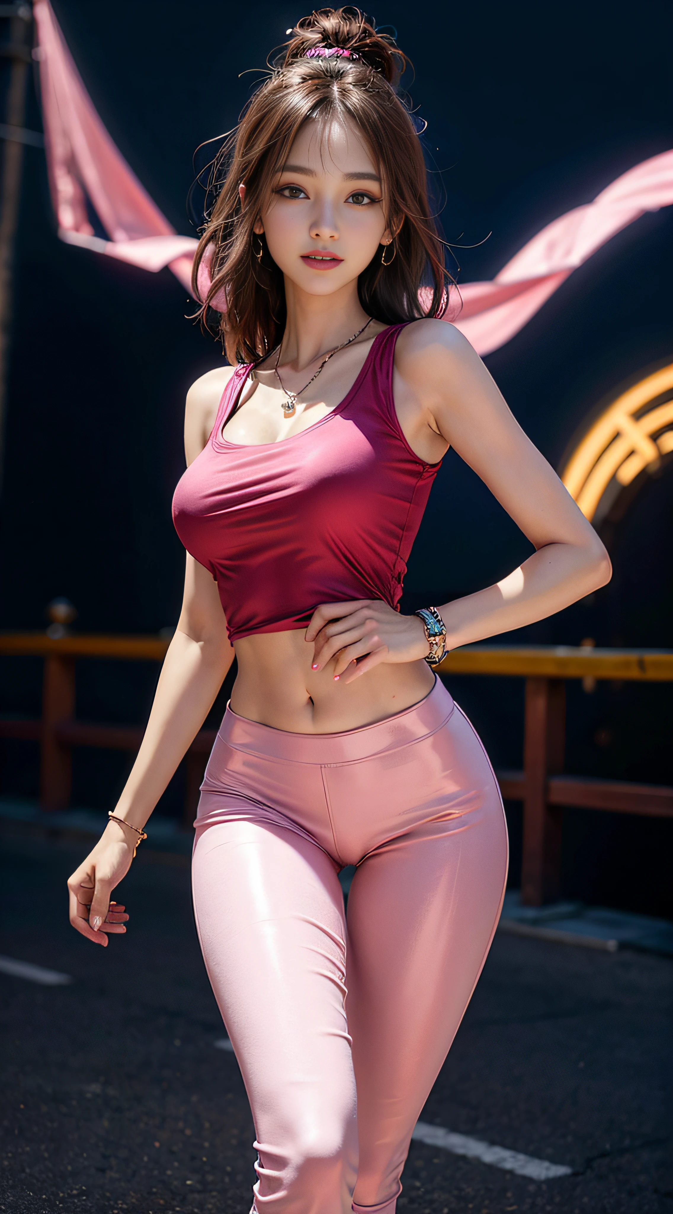 8k, masterpiece, RAW photo, best quality, photorealistic, extremely detailed CG unity 8k wallpaper, Depth of field, Cinematic Light, Lens Flare, Ray tracing, (extremely beautiful face, beautiful lips, beautiful eyes), intricate detail face, ((ultra detailed skin)) 1girl, in the dark, deep shadow, pretty korean girl, kpop idol, 1 girl, (very slim slender fit-muscled body:1.3), ((looking at viewer)),(big smile:1.3), (tight pink pants), (laced pants), (midnight, dark night, (neon sign), (blurred background), dim light), (without people in the background:1.3), beautiful earrings, bracelets, necklace, pantyhose, clear eyes, walking , front shot, (pale skin), (big eyes), face forward, (full body shot), ((silk hot pink shirt)), (brown hairs), (laced shirt), open navel, (looking at viewer:1.3) very slim, medium breasts, hermes bag, (camel toe), thick thighs