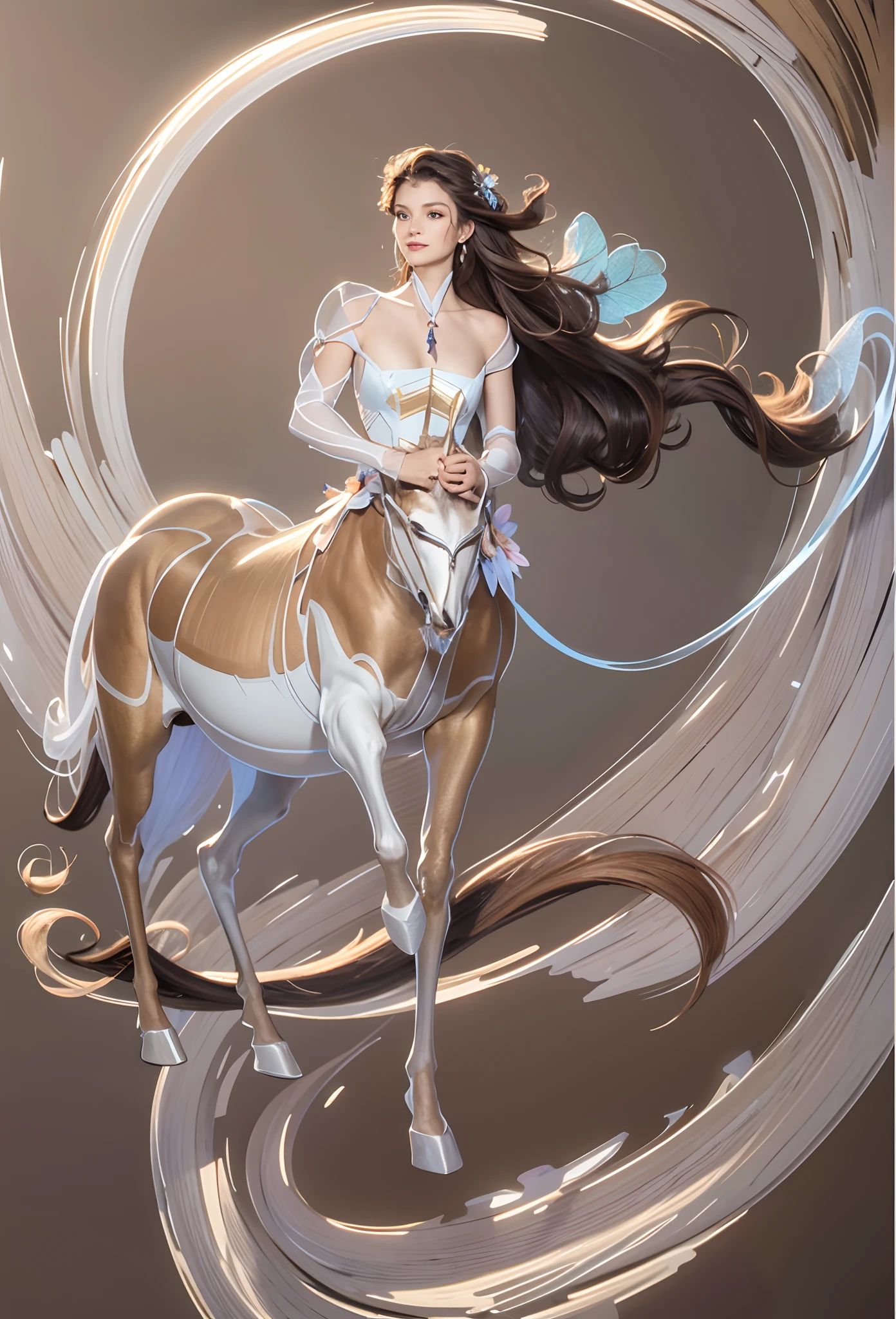 1 centaur，Masterpiece, Highest quality, (((Masterpiece))), (((Maximum level))), ((extra fine)), (illustration), ((Extremely delicate and beautiful)), Dynamic Angle, Floating, (Fairy wings: 1.4), (Beautiful detailed eyes), (Detailed light), (1 girl), Medium bust, Medium long hair, dark brown sparkling eyes, Dark brown hair, Bodycon dress, Natural, (Sunlight), (Painting), (Sketch), (flower), Slight smile, Pastel colors, full anatomy, Upper body, highly detailed beautiful face,