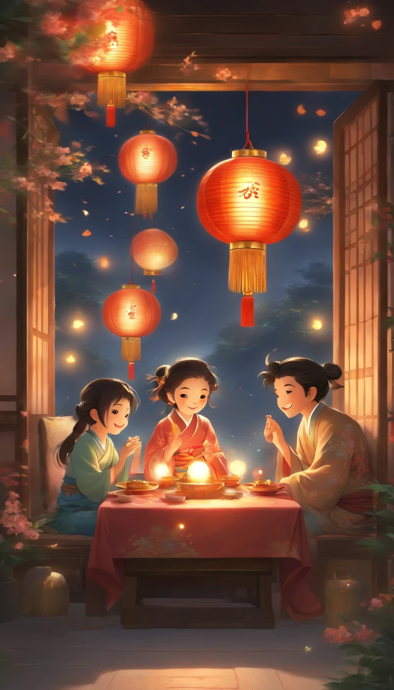 The family sits together, Enjoy a festive dinner, Surrounded by a warm and comfortable atmosphere. The room was beautifully decorated,Equipped with lanterns, Symbolizes the joy of the Mid-Autumn Festival. The table is filled with a variety of delicacies, Includes traditional mooncakes. Moonlight shone through the windows, Cast a soft glow on everyone's face. The family laughed and chatted, Children give gifts to their parents,Express their love and happiness on this special occasion. The artwork is created with the finest materials, Such as oil painting or high-resolution digital rendering, Ensure the highest quality and detail. The colors are vivid and vibrant, Create visually stunning representations for holiday celebrations. Well-designed lighting, Focus on capturing the warm and tranquil atmosphere of the evening. The artwork is a masterpiece, With ultra-fine elements and realism, Photorealistic style. The moon in the night sky is depicted as a perfect circle, Represents the full moon of the Mid-Autumn Festival. The scene was full of fun, Love, and togetherness, Capture the essence of the festival.You can see the round moon hanging high