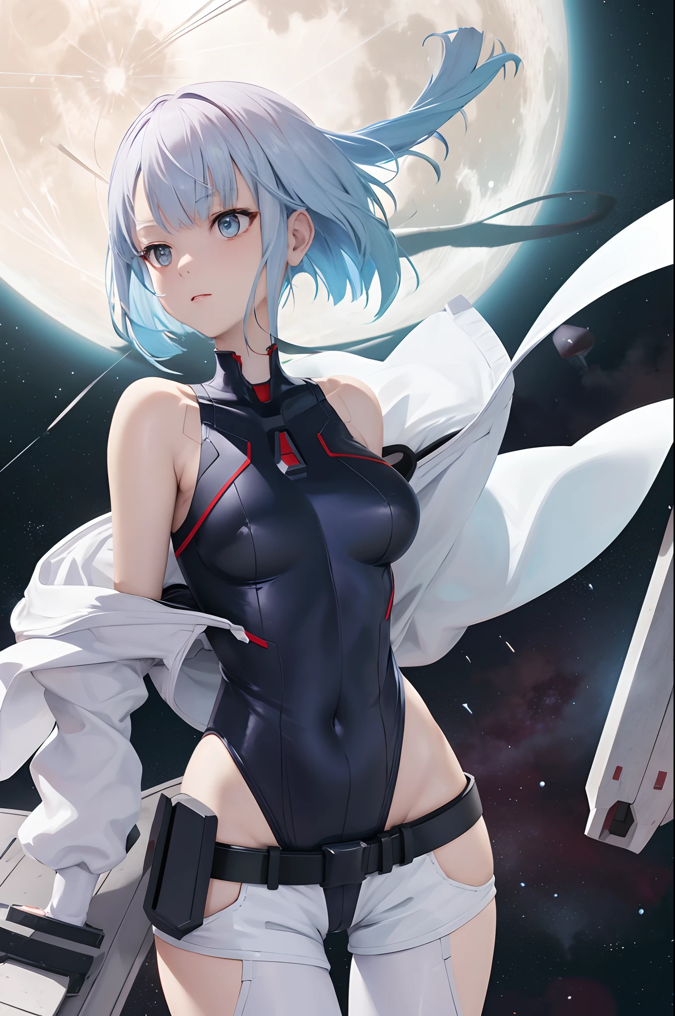 masterpiece, top-quality, Hi-Res, LU1, cyborgs, Long sky blue hair, bare shoulders, white leotard, High Legretard, (string:1.1), white jaket, Open jacket, a belt, shortpants, planetes, a moon, planet earth(planetes)