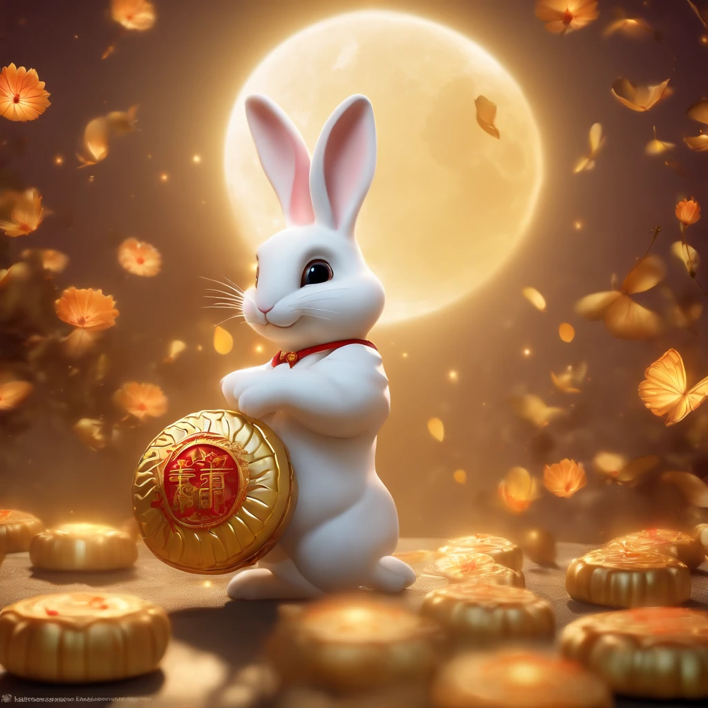 An anthropomorphic cute white rabbit drags mooncakes, Moon, Mid-Autumn Festival theme, (extremely detailed CG unity 16k wallpaper:1.1), (Denoising strength: 1.45), (tmasterpiece:1.37), butterflies flying, Full moon, god rays, ray tracing, UHD, award winning
