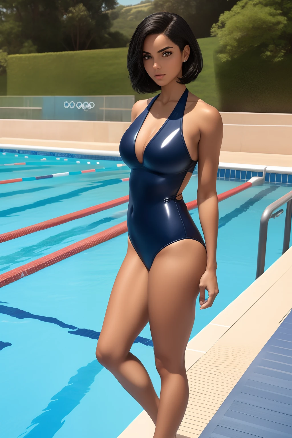 (SFW)Arte similar Jonh Buscema,1garota,short black hair down to the shoulders, olhos castanhos claros, collegiate, super-realista, middlebreasts, using latex swimsuit, swim team captain, olhar audacioso, sexy, 4K分辨率, Lotes Cameltoe , muito camelo, Athletic Girl Sense, cabelo preto, navy blue latex swimsuit, holding a towel in your hands, Standing in front of the Olympic swimming pool.