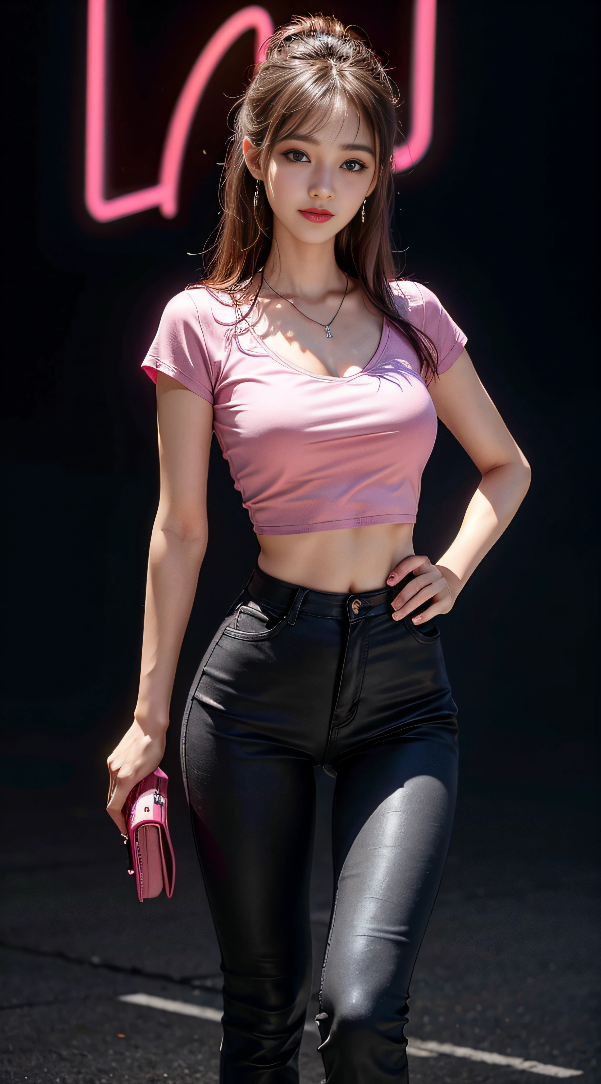 8k, masterpiece, RAW photo, best quality, photorealistic, extremely detailed CG unity 8k wallpaper, Depth of field, Cinematic Light, Lens Flare, Ray tracing, (extremely beautiful face, beautiful lips, beautiful eyes), intricate detail face, ((ultra detailed skin)) 1girl, in the dark, deep shadow, pretty korean girl, kpop idol, 1 girl, (very slim slender fit-muscled body:1.3), ((looking at viewer)),(big smile:1.3), (tight pink pants), (laced pants), (midnight, dark night, (neon sign), (blurred background), dim light), (without people in the background:1.3), beautiful earrings, bracelets, necklace, pantyhose, clear eyes, walking , front shot, (pale skin), (big eyes), face forward, (full body shot), ((silk hot pink shirt)), (brown hairs), (laced shirt), open navel, (looking at viewer:1.3) very slim, medium breasts, hermes bag, (camel toe), thick thighs