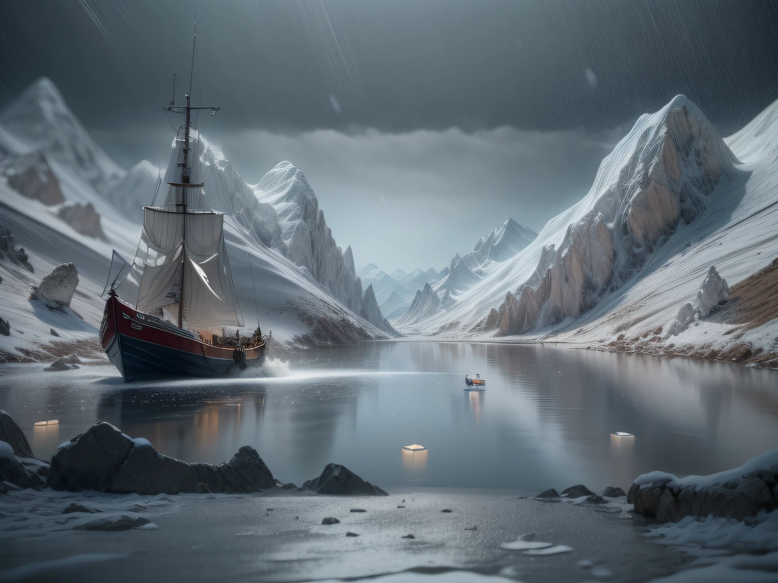 (popup book:1.5),(Wide river surface,Very small mountains in the distance,Winters,heavy snowy,White gray sky,There is a very small fishing boat on the river,There was an old man fishing on the boat),cinematic compositions,Screen whitening,( Best quality, high detailed, Masterpiece, offcial art, Cinematic Lighting, 4K, Chiaroscuro)
