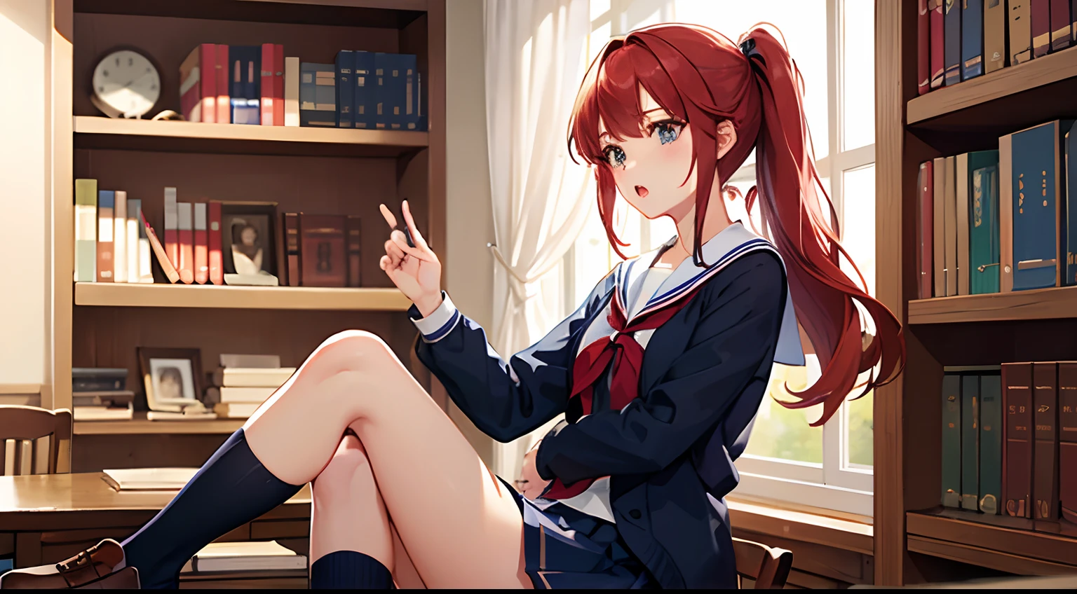 One high school girl（redhair、１Book ponytail、Navy blue sailor suit、Uniform skirts are long）Shocked look、Distraught expression、Mouth open、In front of the bookshelf、full of books、Inside the library