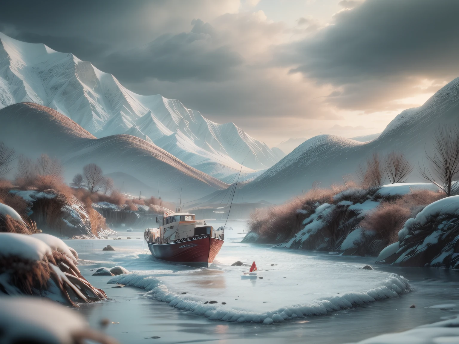 (popup book:1.5),(Wide river surface,Very small mountains in the distance,Winters,heavy snowy,White gray sky,There is a very small fishing boat on the river,There was an old man fishing on the boat),cinematic compositions,Screen whitening,( Best quality, high detailed, Masterpiece, offcial art, Cinematic Lighting, 4K, Chiaroscuro)