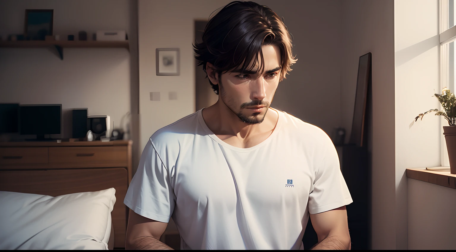 One room, un hombre sentado, pensativo mirando su reloj, de remera blanca