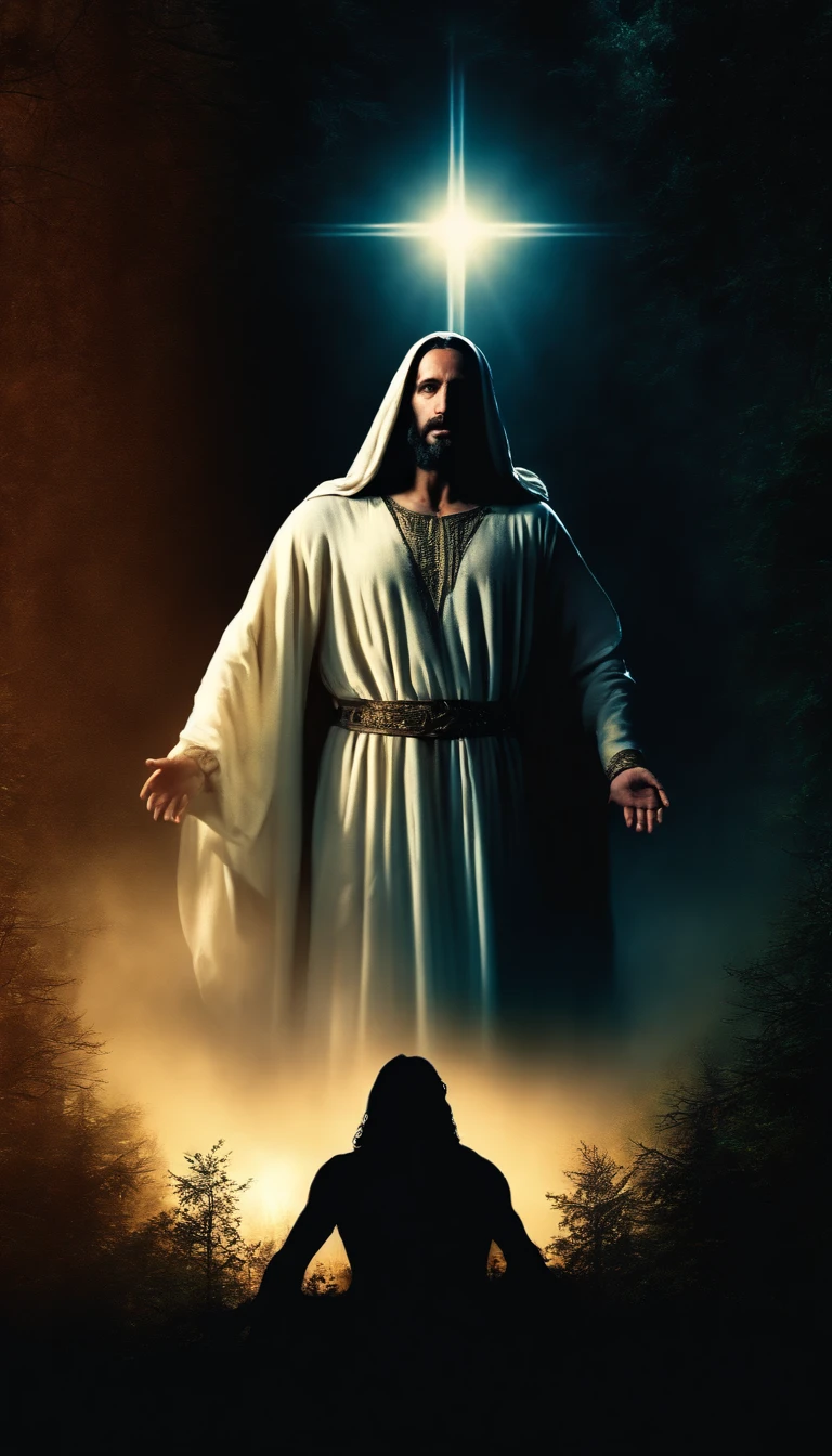 scene from the movie Jesus Christ The Passion of the Christ The Resurrection in a forest at night facing Satans, detailed face, detailed body, (masterpiece: 1.5) (photorealistic: 1.5) (bokeh) (best quality) (in a forest) (intricate detail) (8k) (HDR) (gradient film) (Canon D5) (cinematic lighting) (sharp focus) (cinematics)