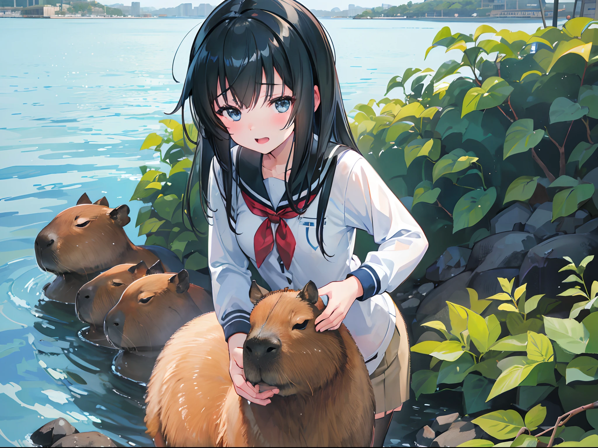 1girl, asashio (kancolle), patting a capybara, absurdres, high res, ultrasharp, 8K, masterpiece, looking at viewer
