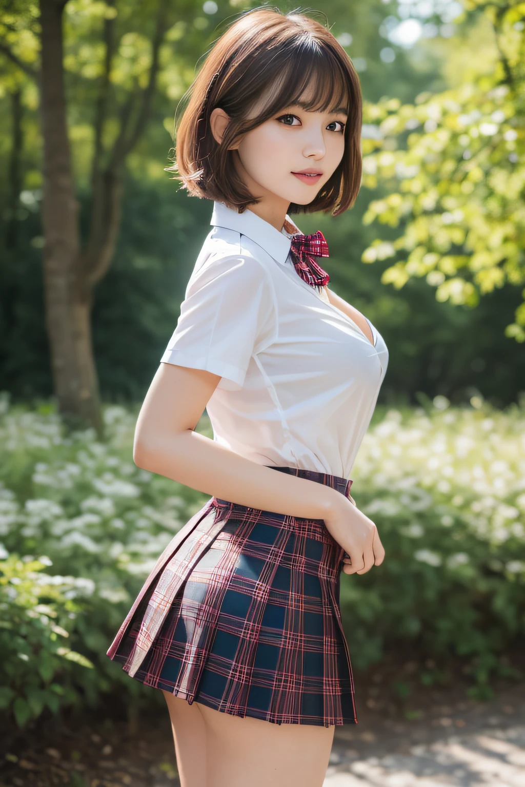 nsfw, 8K raw photo, Best quality, masterpiece, ultra high res, film grain, filmg, 1girl, looking at viewer, natural skin texture, realistic eye and face details, full lips, lipstick, (makeup), red eyeshadow, fluffy short hair, messy hair, smile, close mouth, beautiful legs, tall female, skinny, slim_legs, solo, enormous breast, cleavage, Pose with buttocks facing you, ultra short skirt, ass, shirt, beautiful nature location, around flower location, (detailed background), plaid skirt, white shirt, enormous breast, cleavage, Show a little cleavage through the shirt, loafers, blurry background, blurry, holding, plaid, short sleeves, jk ribbon on the neck, jk ribbon, brown hair, bracelet, water, bangs, school uniform, jewelry, parted lips, lips, from side, pleated skirt, depth of field