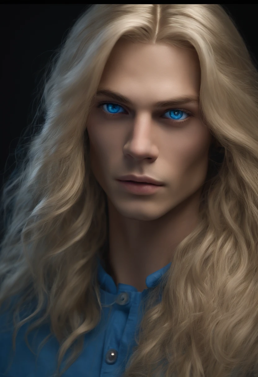 (ultra-detailed, realistic:1.37), sinister, long blond hair coming out of his eyes and head, detailed facial features, extremely detailed eyes and face, imperative expression, long eyelashes, blue clothes, dark background