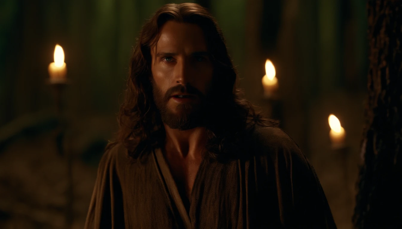 scene from the movie Jesus Christ The Passion of the Christ The Resurrection in a forest at night facing Satans, detailed face, detailed body, (masterpiece: 1.5) (photorealistic: 1.5) (bokeh) (best quality) (in a forest) (intricate detail) (8k) (HDR) (gradient film) (Canon D5) (cinematic lighting) (sharp focus) (cinematics)