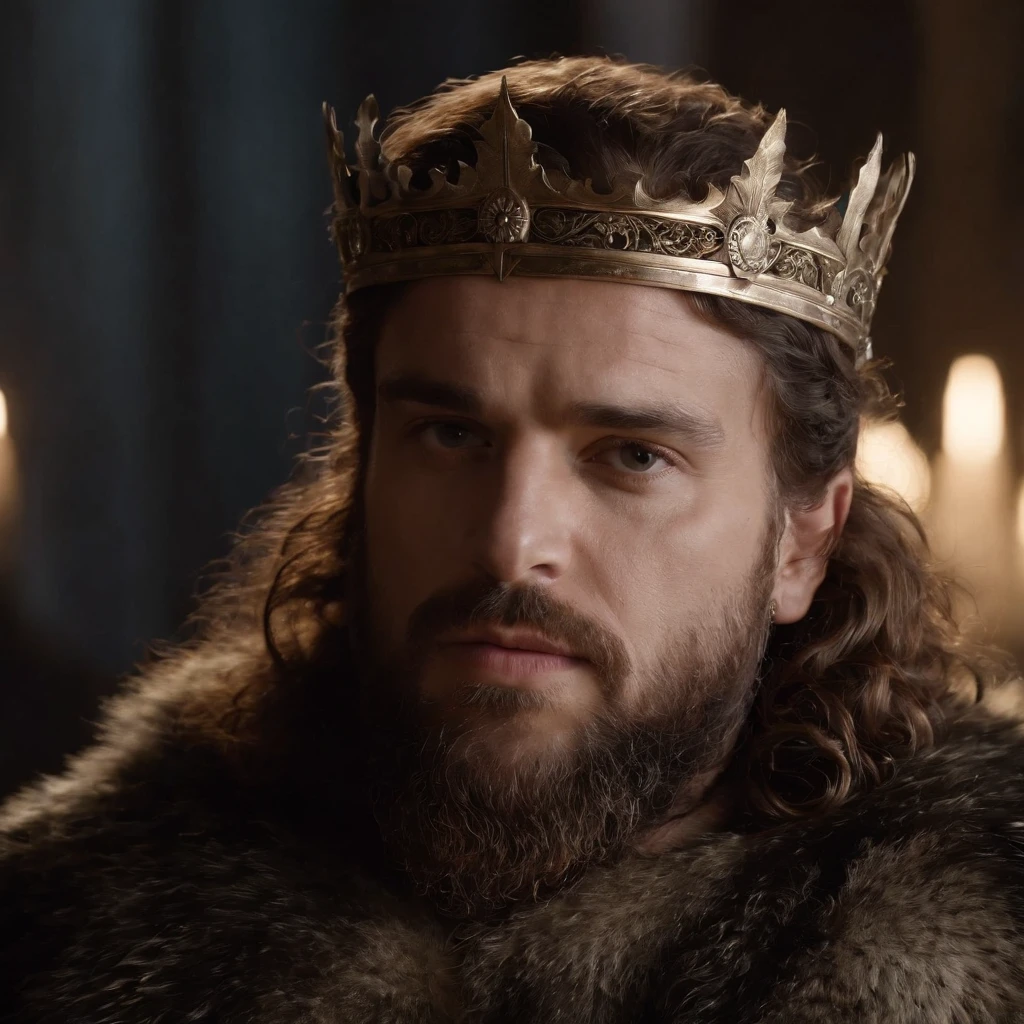 Um homem de 31 anos com barba aparada de cabelo curto, olhar imponente, postura dominante, semi agora, Greek type feet, pernas peludas e torneadas, olhos castanhos, with a dazzling golden crown on his head , peitoral sem camisa e semi peludo, corpo atletico, semi nu, sentado em um trono gigante como Game of Thrones, imagem de corpo inteiro, frontal position, 4k, illuminated by a single spotlight against a black background.