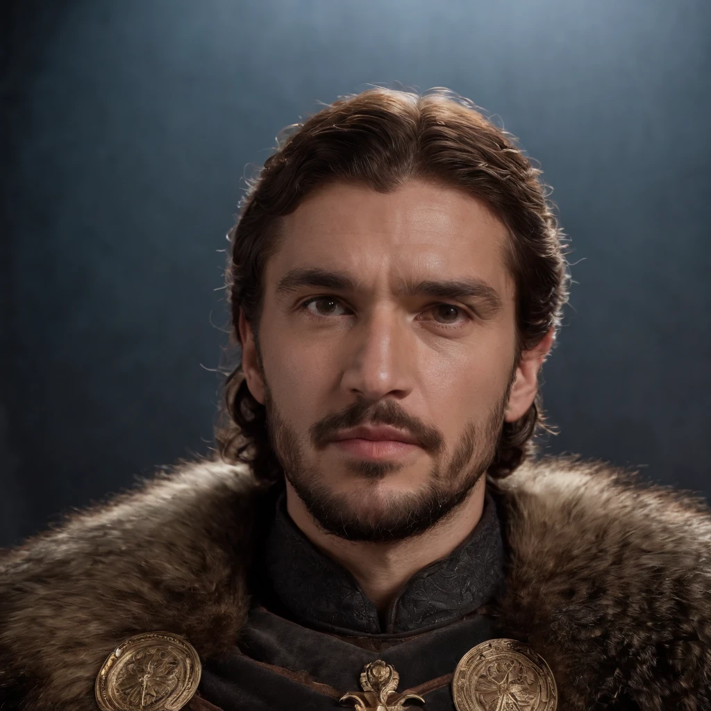 Um homem de 31 anos com barba aparada de cabelo curto, olhar imponente, postura dominante, semi agora, Greek type feet, pernas peludas e torneadas, olhos castanhos, with a dazzling golden crown on his head , peitoral sem camisa e semi peludo, corpo atletico, semi nu, sentado em um trono gigante como Game of Thrones, imagem de corpo inteiro, frontal position, 4k, illuminated by a single spotlight against a black background.