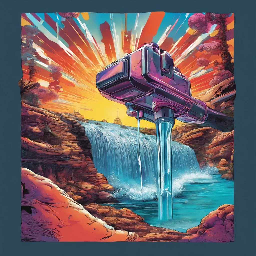a lever faucet emerging from a waterfall of exploding colors in a space cyberpunk moebius style environment