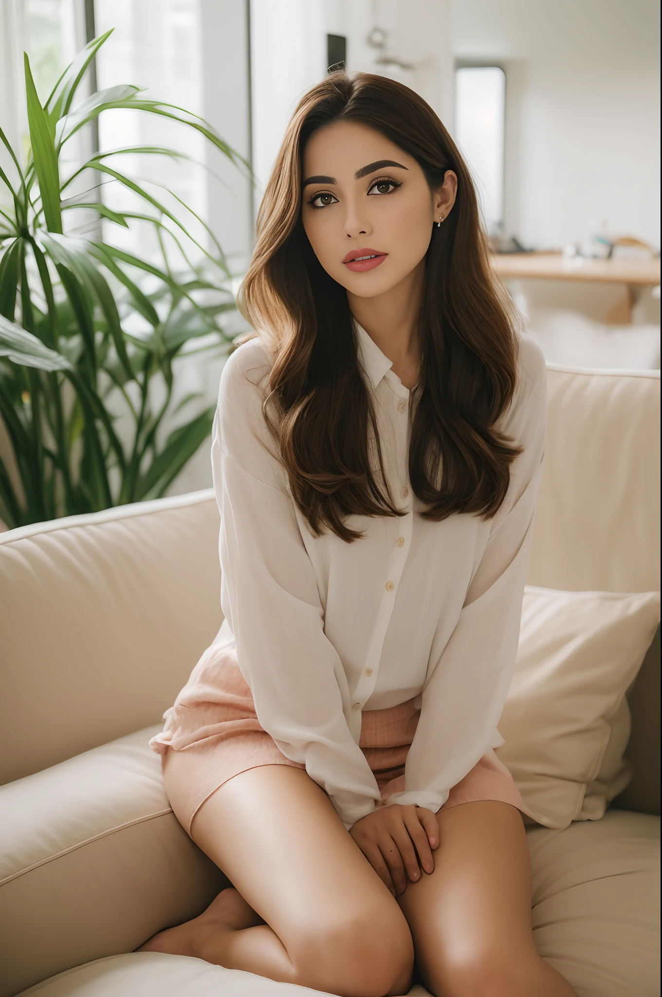 Woman posing for camera in sunny living room while doing her makeup, a portrait inspired by Gina Pellón, instagram, Tachisme, Violeta Myers, Lorena Avarez, olivia culpo, Alanis Guillen, Parece Laura Barriales, Retrato Sophie Mudd, curtido ameera al taweel | | | | |, mulher bonita, cabelos castanhos