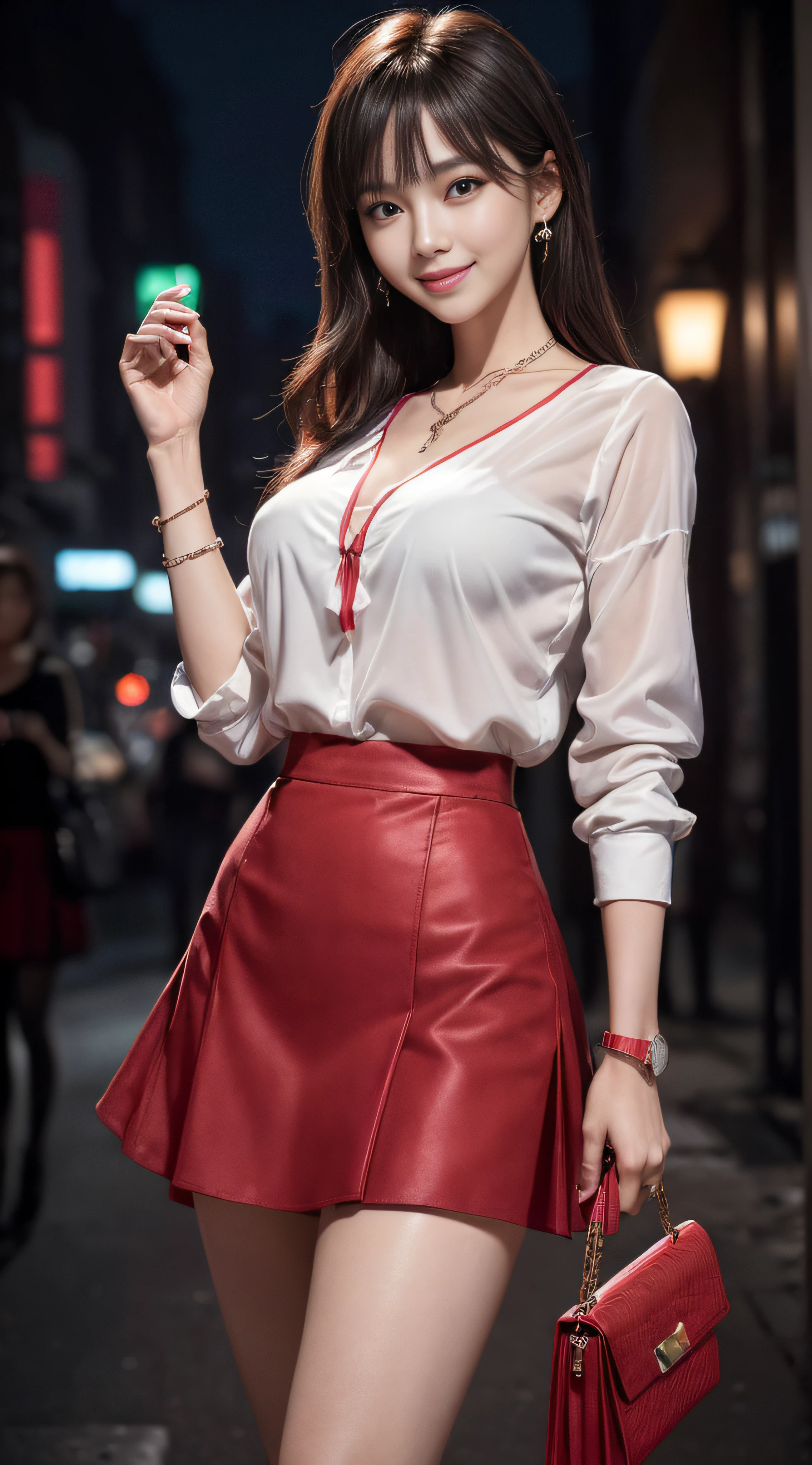 8k, masterpiece, RAW photo, best quality, photorealistic, extremely detailed CG unity 8k wallpaper, Depth of field, Cinematic Light, Lens Flare, Ray tracing, (extremely beautiful face, beautiful lips, beautiful eyes), intricate detail face, ((ultra detailed skin)) 1girl, in the dark, deep shadow, pretty korean girl, kpop idol,(very slim slender fit-muscled body:1.3), ((looking at viewer)),(big smile:1.3), (night, (neon sign), (blurry background), midnight, (without people in the background:1.3), pretty korean girl, white diamond earrings, bracelets, necklace, pantyhose, clear eyes, walking , front shot, (pale skin), face forward, (big eyes), full body shot, (see through blouse), (pink color blouse), ((red color skirt :1.3)), (looking at viewer:1.3), very slim, medium breasts, Hermes bag, ((big smile))