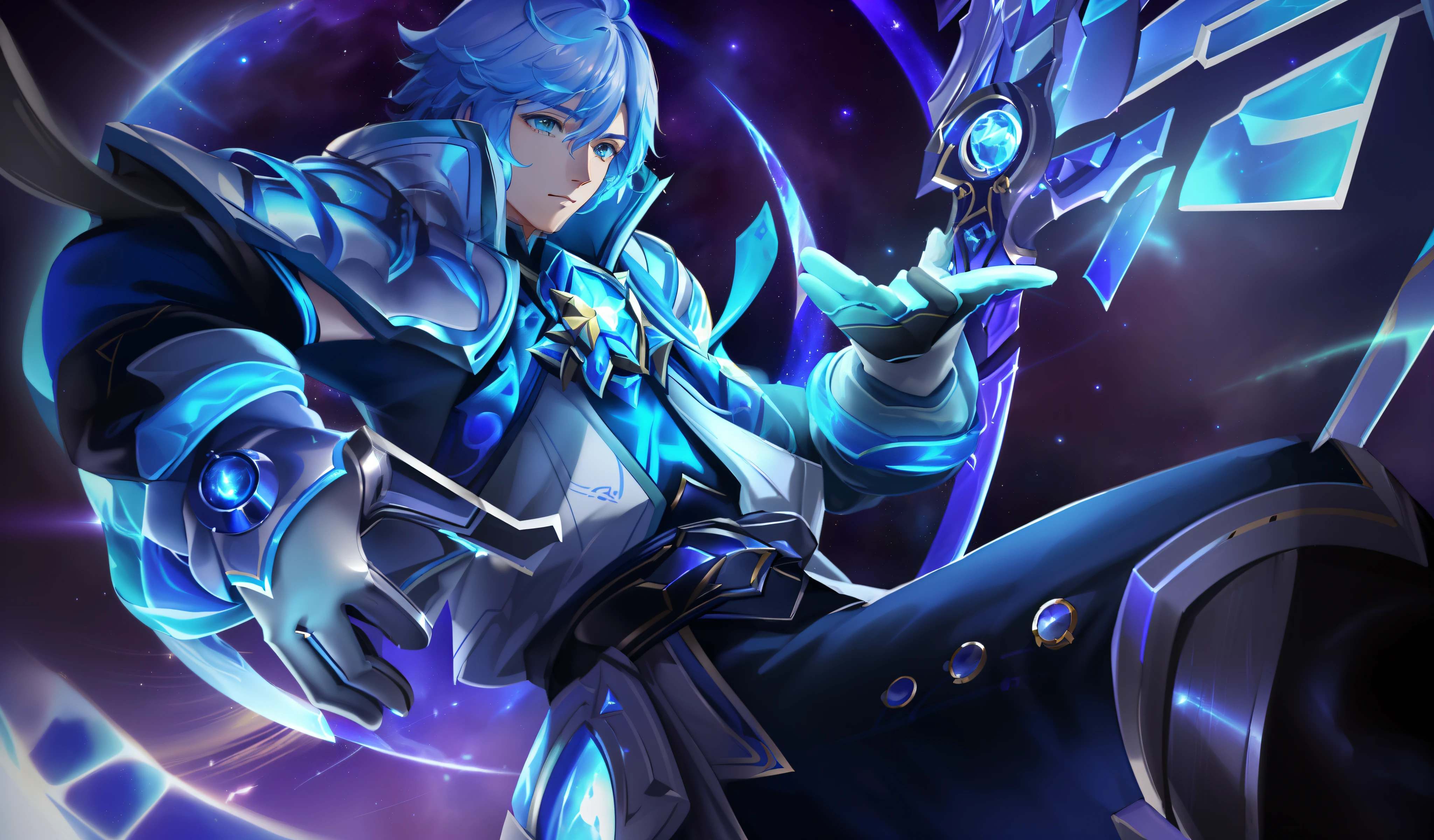 A closeup of a person holding a sword in a space environment, mobile legends, Ezreal (Liga das Lendas, Aion, arte splash, arte oficial splash, Mago Celestial Lindo, Heise Jinyao, space hunter galaxy, wallpaper mobile, pele cristalina, inspirado por Huang Shen, Artgerm JSC, lunar themed attire, Sylas
