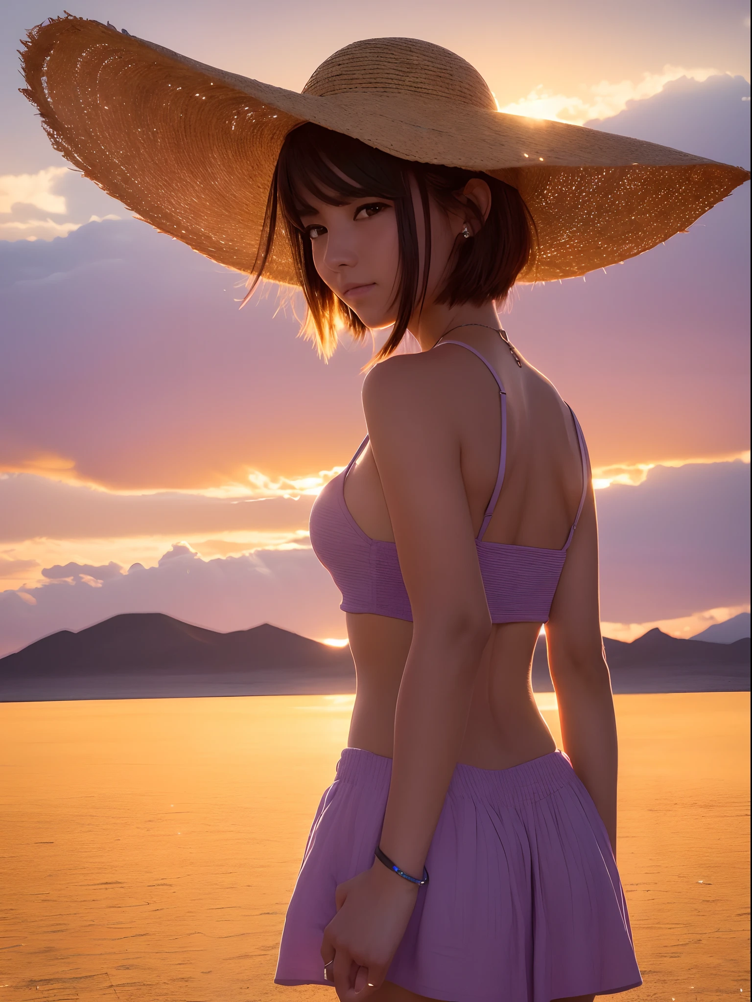1girl, master part, extremamente detalhado, (belo brilho detalhado), Reflexo da lente, cabelos brancos, short hair, cabelos flutuantes, Looking back, back to back, sorrir, olhos azuis, vestido branco, medium breasts, parte superior do corpo, Arremesso longo, straw hat, ((Salar de Uyuni)), nascer do sol, nuvem, Backlighting, Purple sky, yellow sky, Gradient sky, hands on hat... Exibindo seus peitinhos todos molhados de