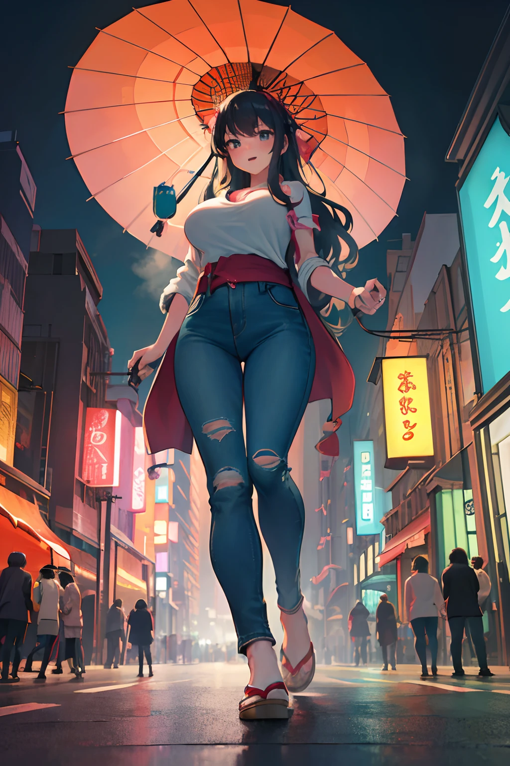 (best quality,4k,highres,masterpiece:1.2),ultra-detailed,realistic:1.37,beautiful woman,big bouncing breasts,long wavy teal hair,soft Platinum eyes,50 ft tall,walking around Tokyo,in torn t-shirt and torn jeans,urban landscape,neon lights,shadows,lively atmosphere,japanese culture,skyscrapers,crowded streets,pedestrians,hustle and bustle,colored umbrellas,streets lined with cherry blossoms,glowing lanterns,street vendors,sushi stands,temples,shrine gates,vivid colors,bokeh