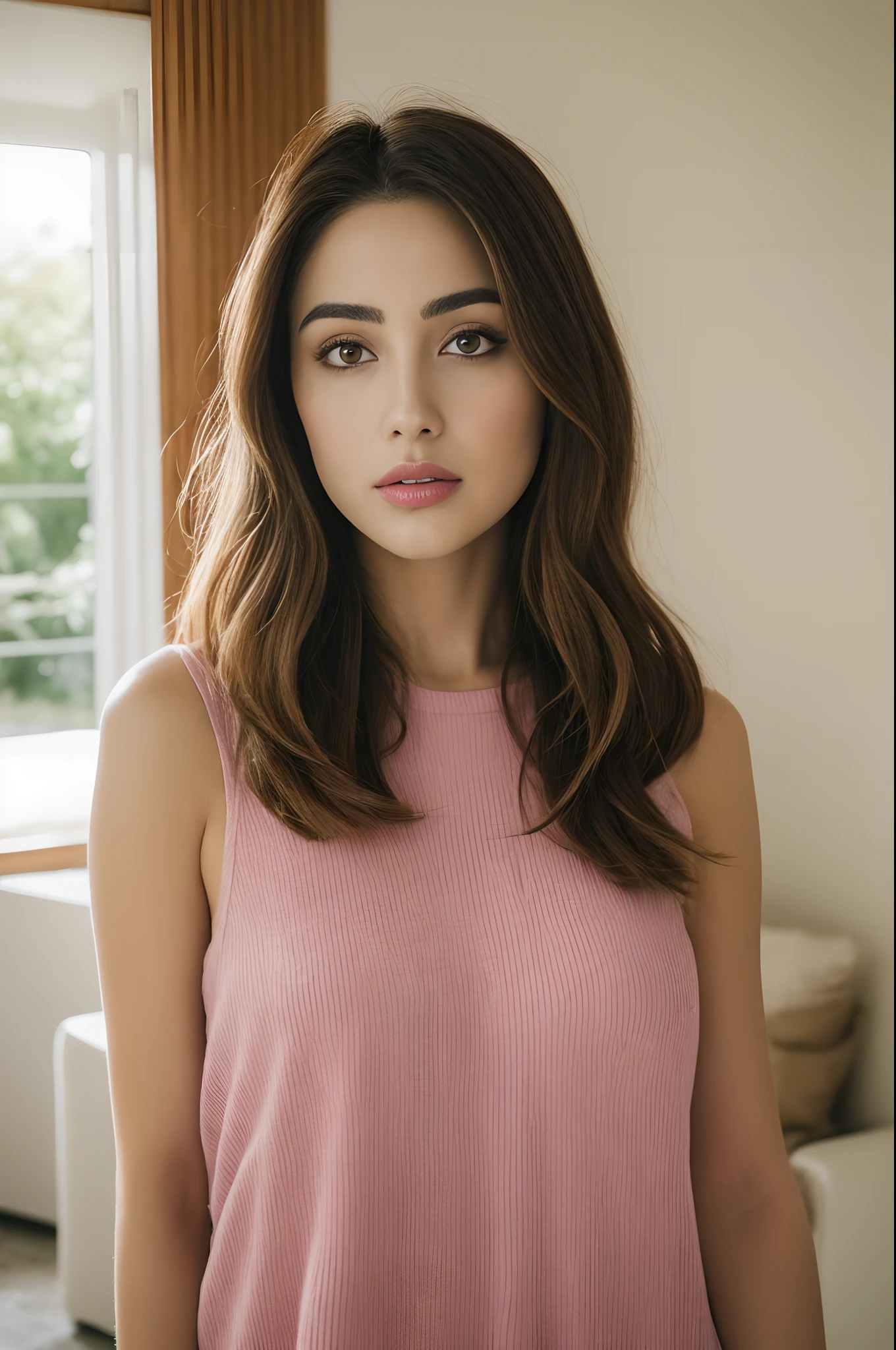 Woman posing for camera in sunny living room, a portrait inspired by Gina Pellón, instagram, Tachisme, Violeta Myers, Lorena Avarez, olivia culpo, Alanis Guillen, Parece Laura Barriales, Retrato Sophie Mudd, curtido ameera al taweel | | | | | |, mulher bonita, cabelos castanhos