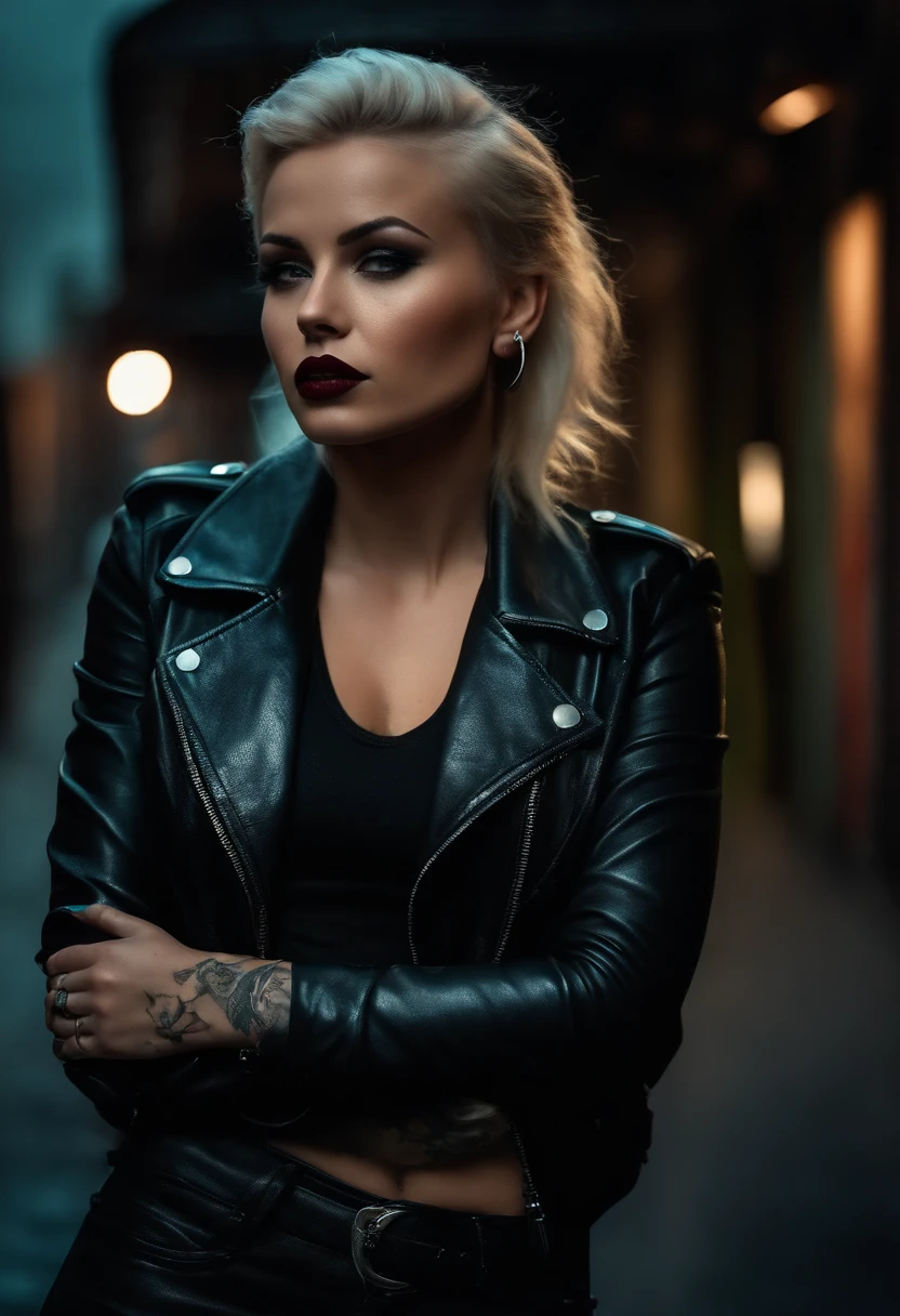 blonde bad girl, intense gaze, dark lipstick, leather jacket punctured and burned, tattooed arms, smoking an e-cigarette, dimly lit alley, (best quality, realistic:1.37), street photography, moody color tones, dramatic lighting
