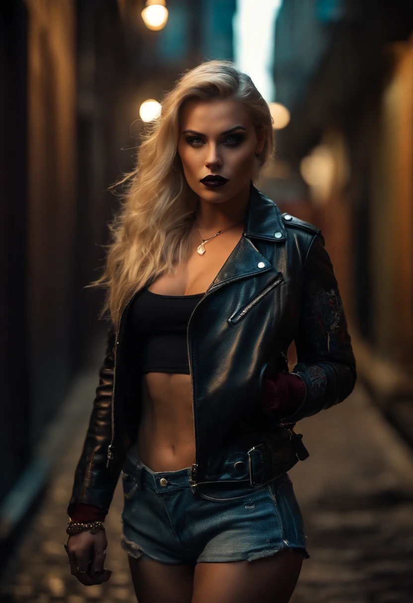 blonde bad girl, intense gaze, dark lipstick, leather jacket punctured and burned, tattooed arms, smoking an e-cigarette, dimly lit alley, (best quality, realistic:1.37), street photography, moody color tones, dramatic lighting