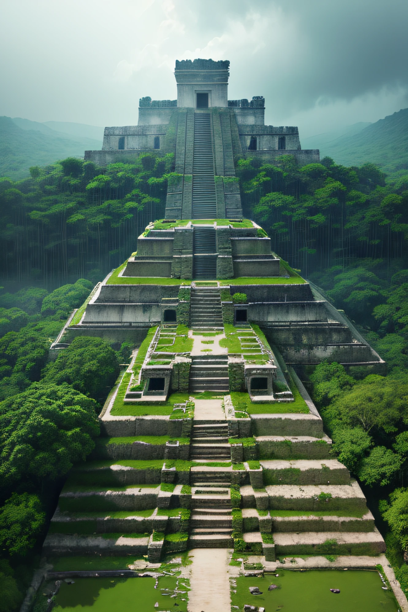 An arial Photograph of a rain-soaked Mexican Mayan temple, adorned with lush vegetation, revealing intricate details amidst the raw emotional intensity.