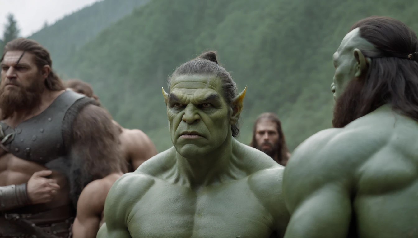 A hundred-armed giant, a cyclops, ork, green body skin, and Zeus in the center, all of them gazing intently at the viewer.