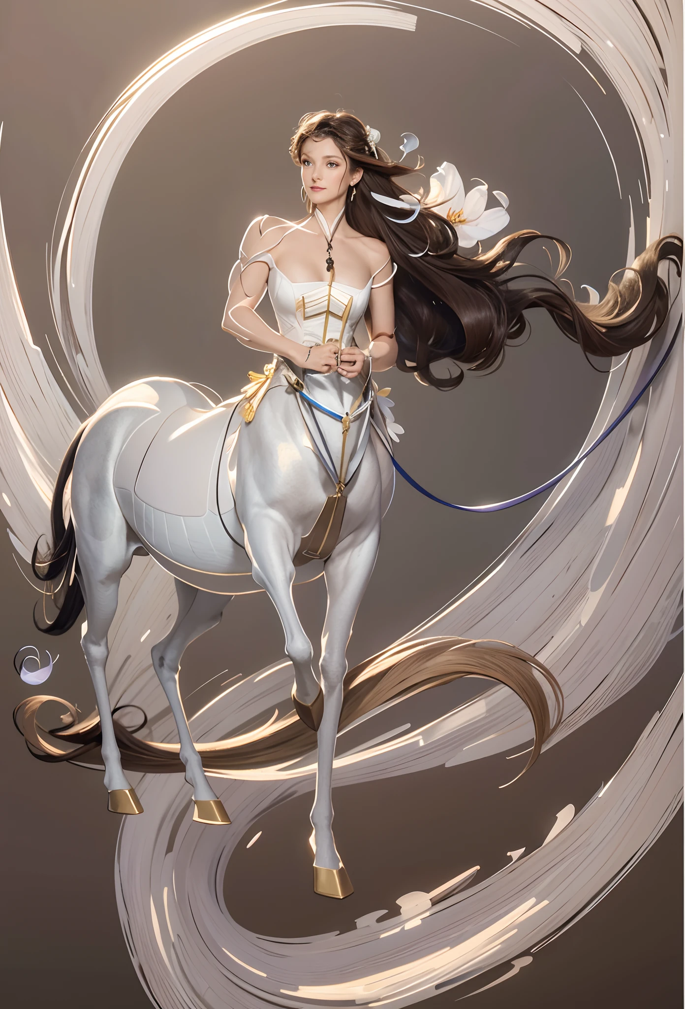 1 centaur,Masterpiece, Highest quality, (((Masterpiece))), (((Maximum level))), ((extra fine)), (illustration), ((Extremely delicate and beautiful)), Dynamic Angle, Floating, (Fairy wings: 1.4), (Beautiful detailed eyes), (Detailed light), (1 girl), Medium bust, Medium long hair, dark brown sparkling eyes, Dark brown hair, Bodycon dress, Natural, (Sunlight), (Painting), (Sketch), (flower), Slight smile, Pastel colors, full anatomy, Upper body, highly detailed beautiful face,