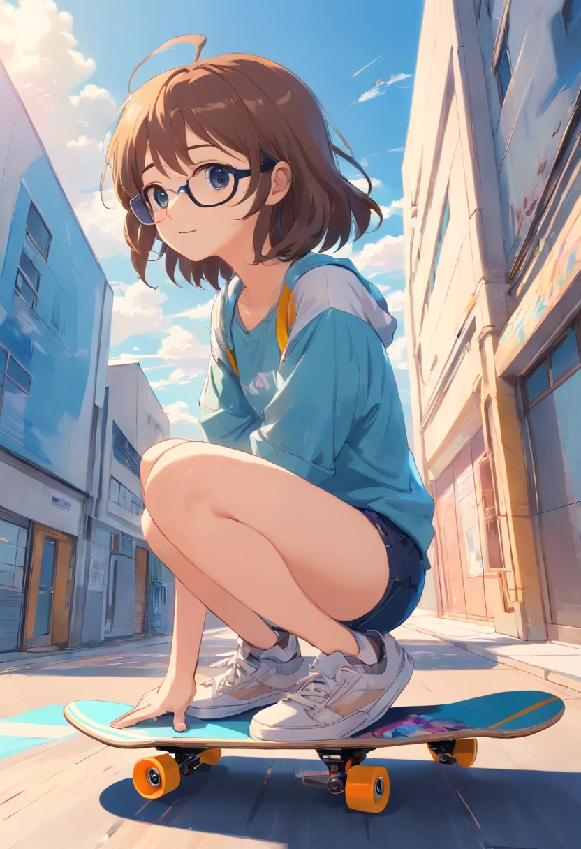 The school building is the backdrop,exterior,playground,The sky is flying((UAVs)),Below is a person sitting in front of a drawing board drawing,Supporting Rack,With your back to the frame, you can see what is drawn on the skateboard,(In the drawing board is a girl holding a camera with VR glasses)